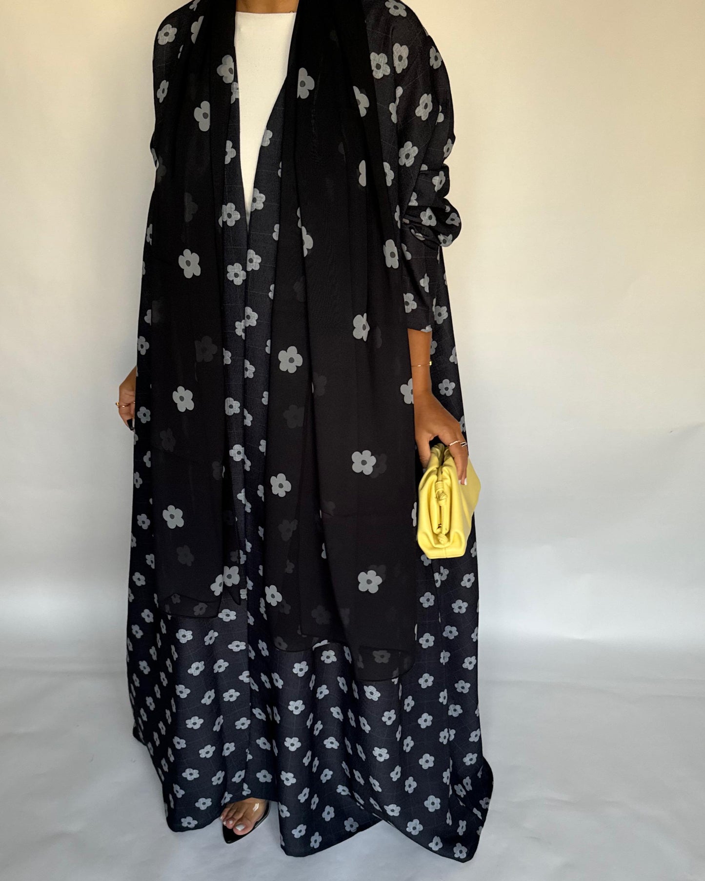 A396 - Black Flower Linen A-Cut Summery Abaya