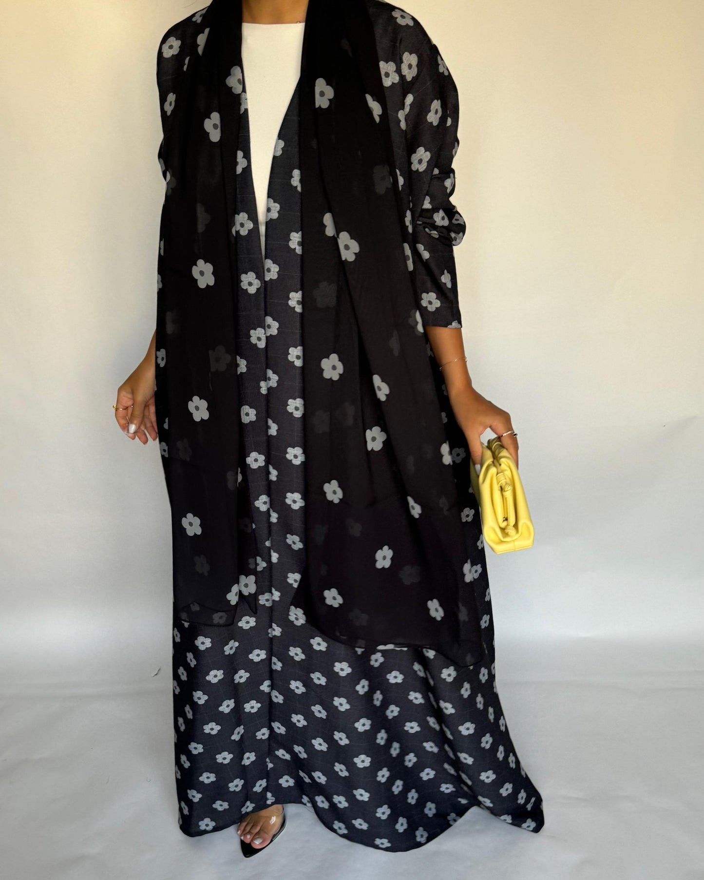 A396 - Black Flower Linen A-Cut Summery Abaya