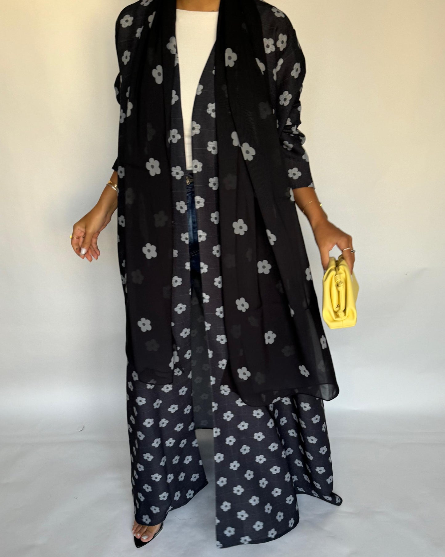 A396 - Black Flower Linen A-Cut Summery Abaya