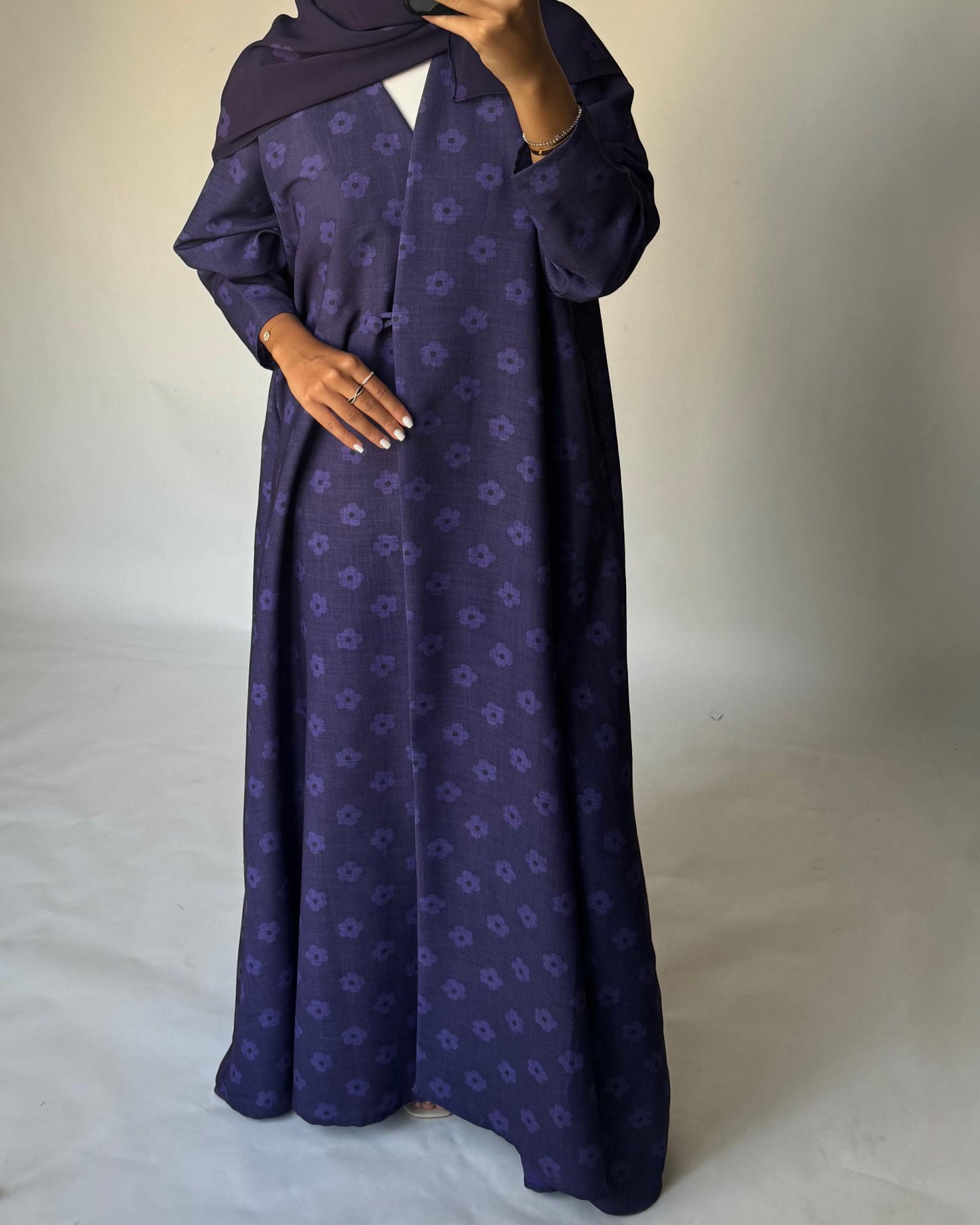 A391 - Purple Flower Linen A-Cut Summery Abaya