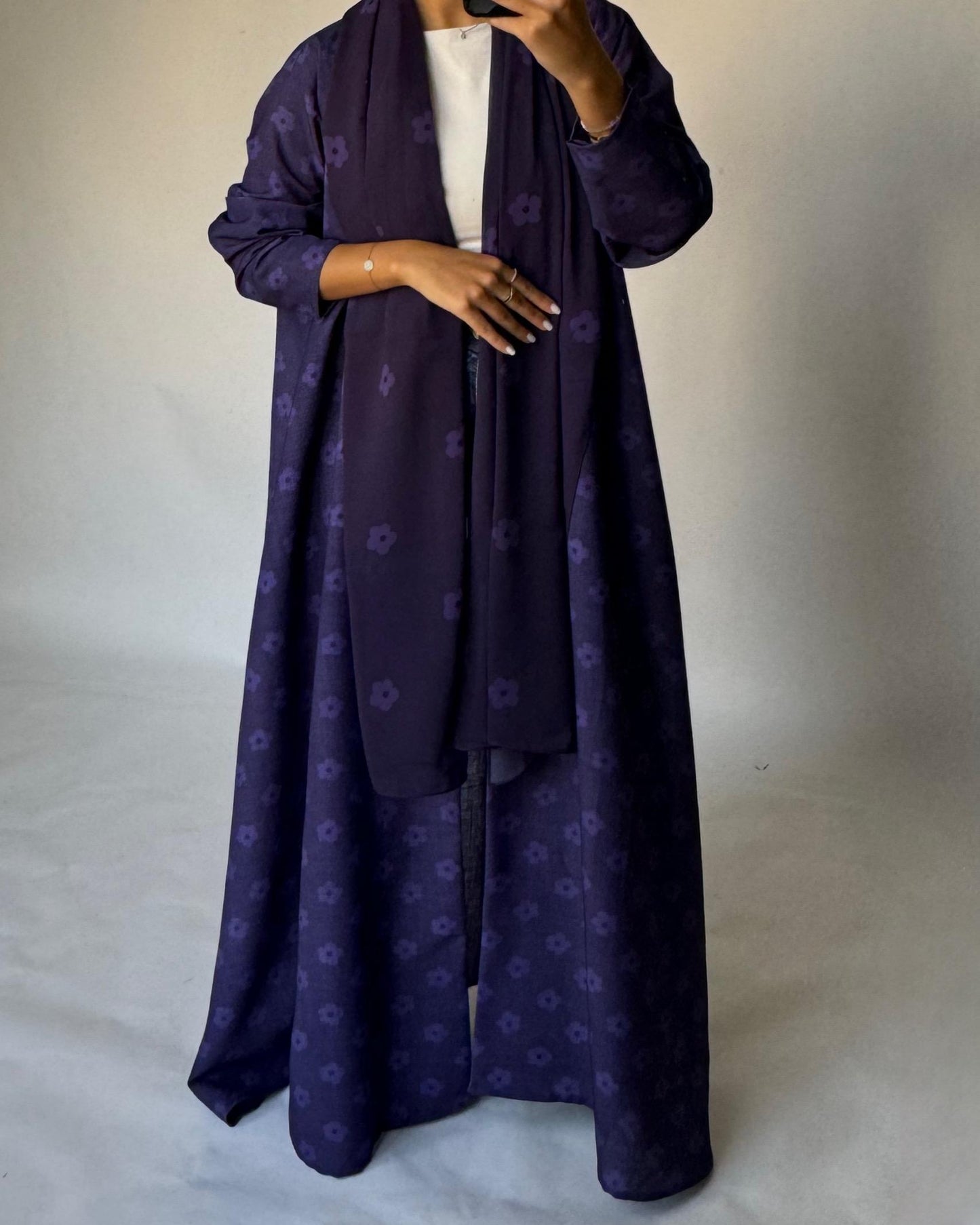 A391 - Purple Flower Linen A-Cut Summery Abaya