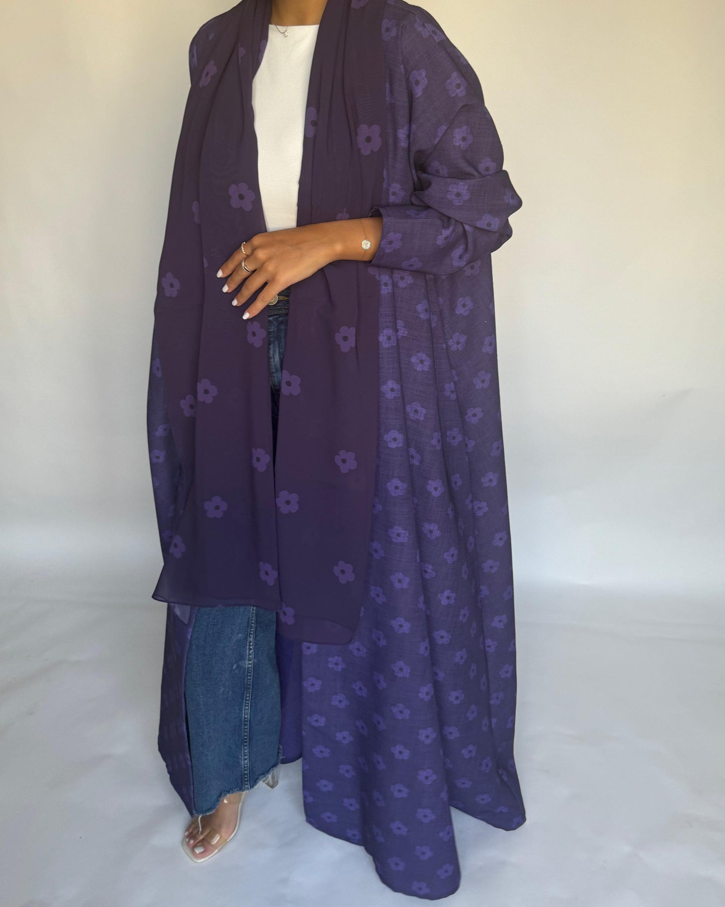 A391 - Purple Flower Linen A-Cut Summery Abaya