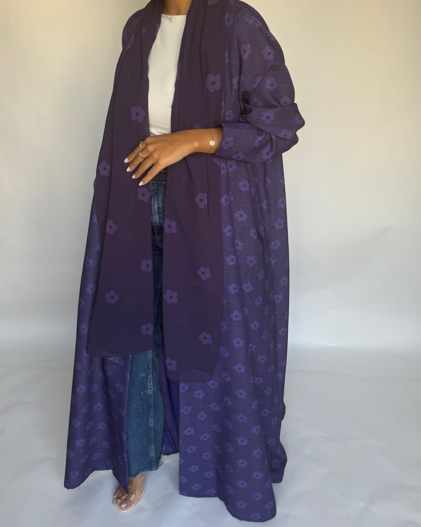 A391 - Purple Flower Linen A-Cut Summery Abaya