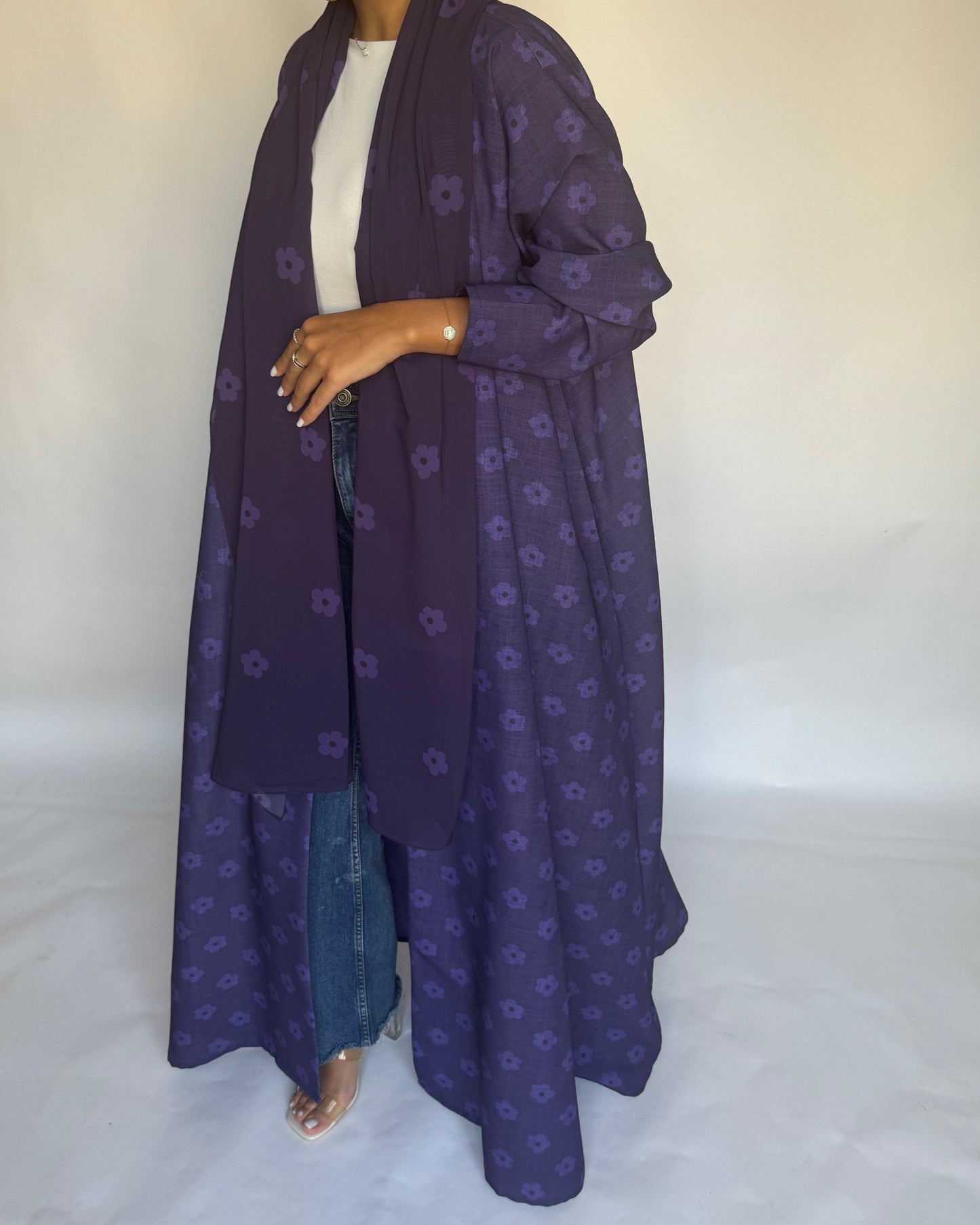 A391 - Purple Flower Linen A-Cut Summery Abaya