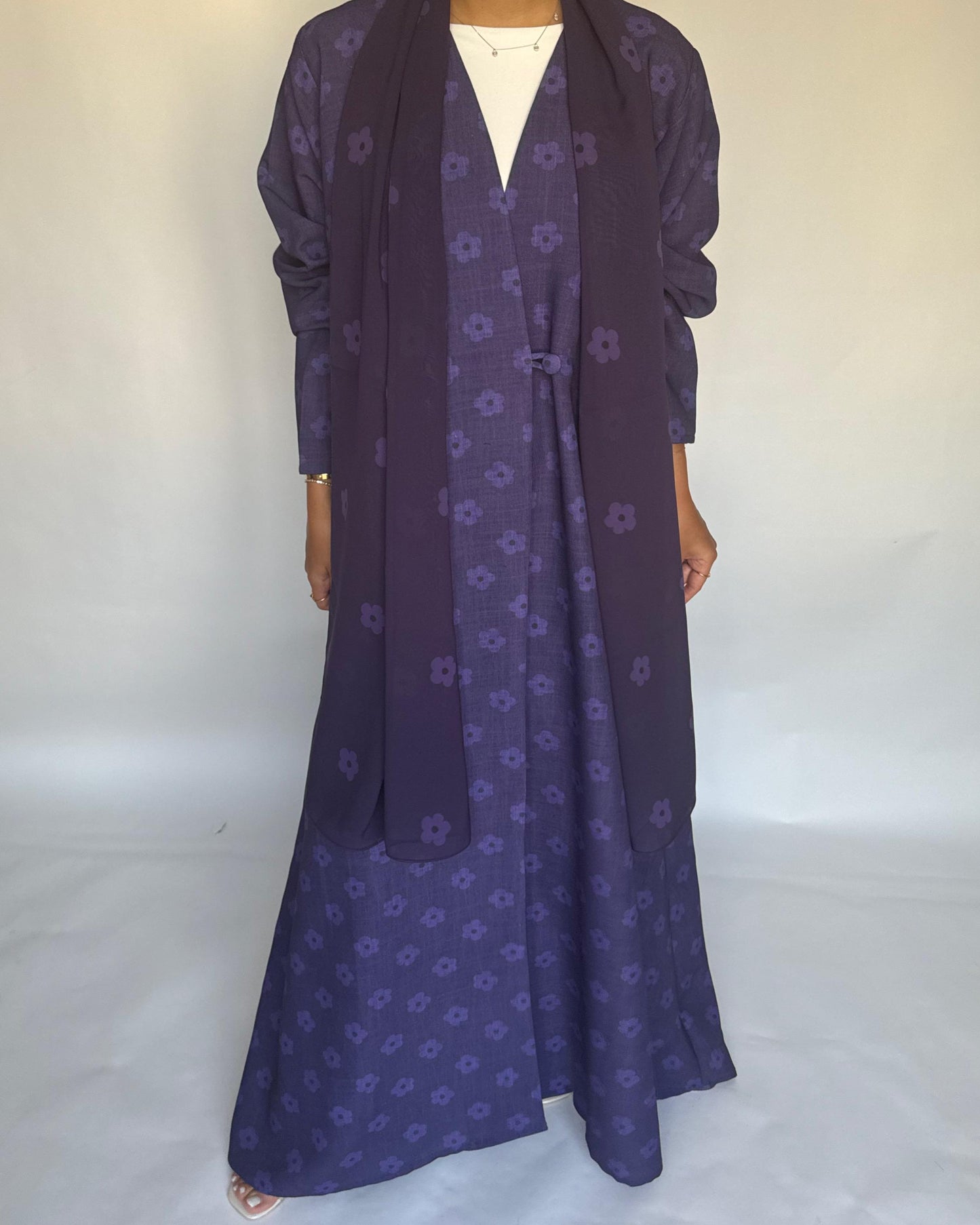 A391 - Purple Flower Linen A-Cut Summery Abaya