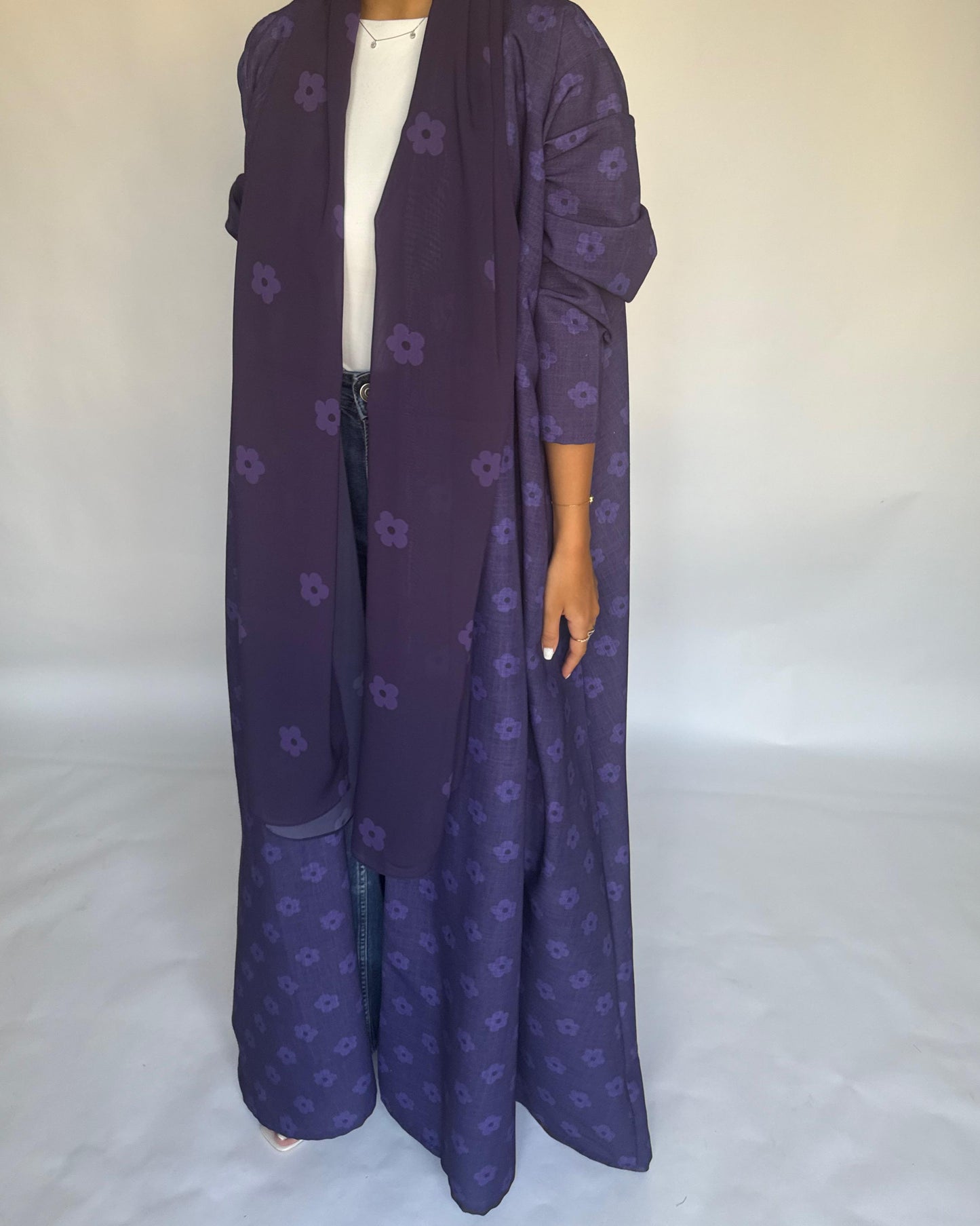 A391 - Purple Flower Linen A-Cut Summery Abaya
