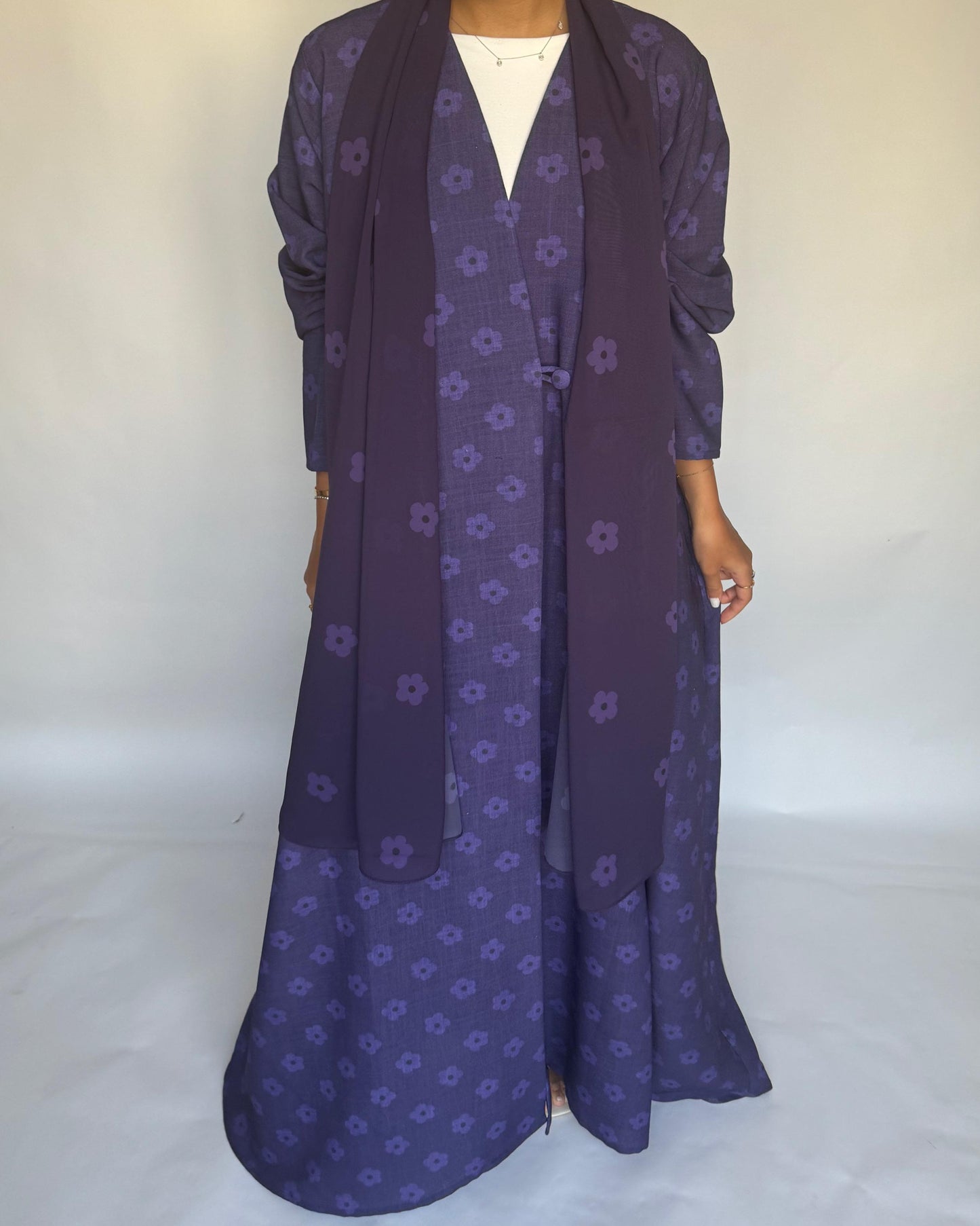 A391 - Purple Flower Linen A-Cut Summery Abaya