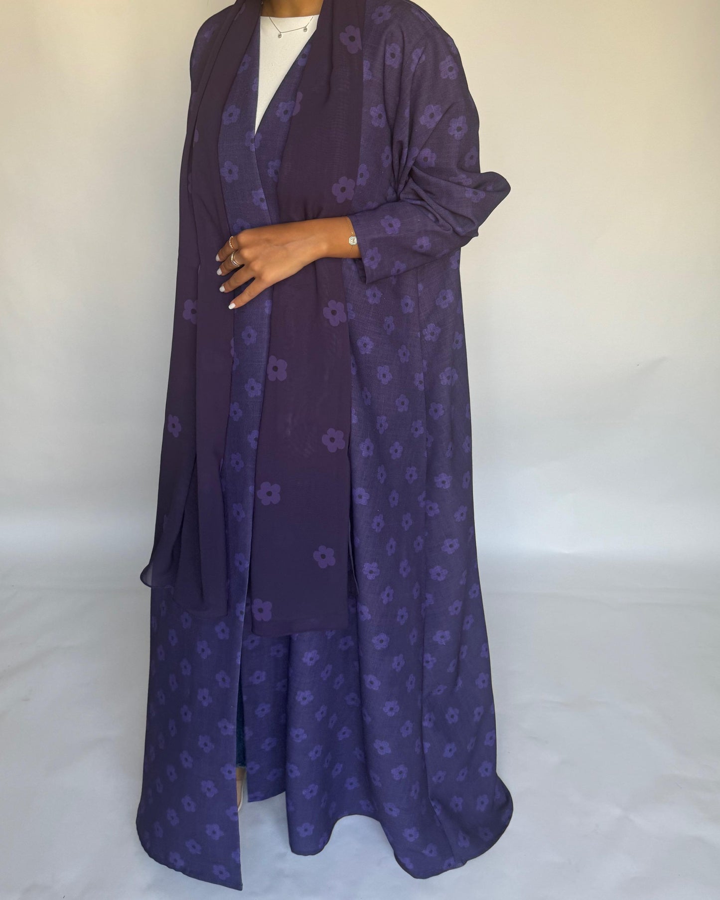 A391 - Purple Flower Linen A-Cut Summery Abaya