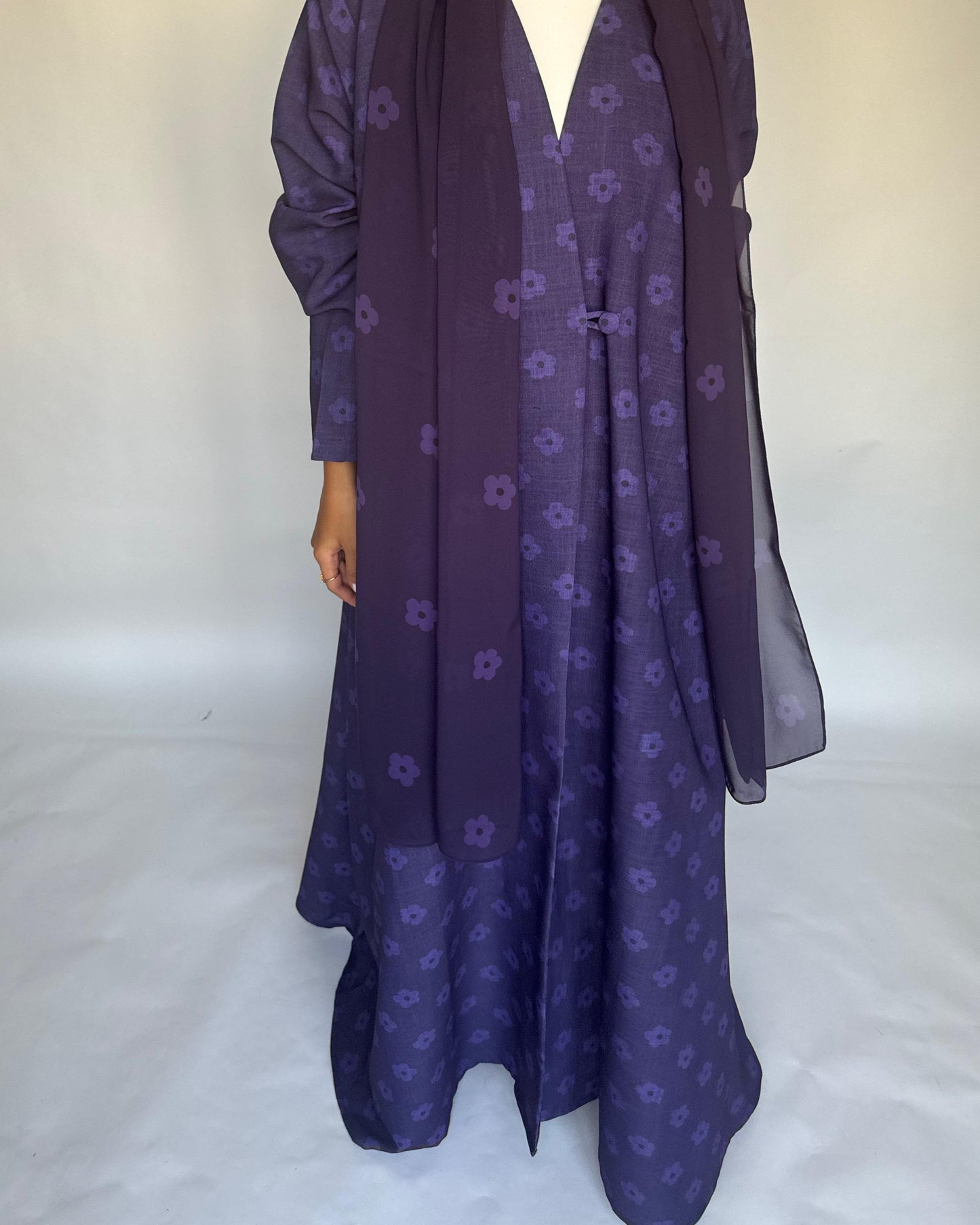 A391 - Purple Flower Linen A-Cut Summery Abaya
