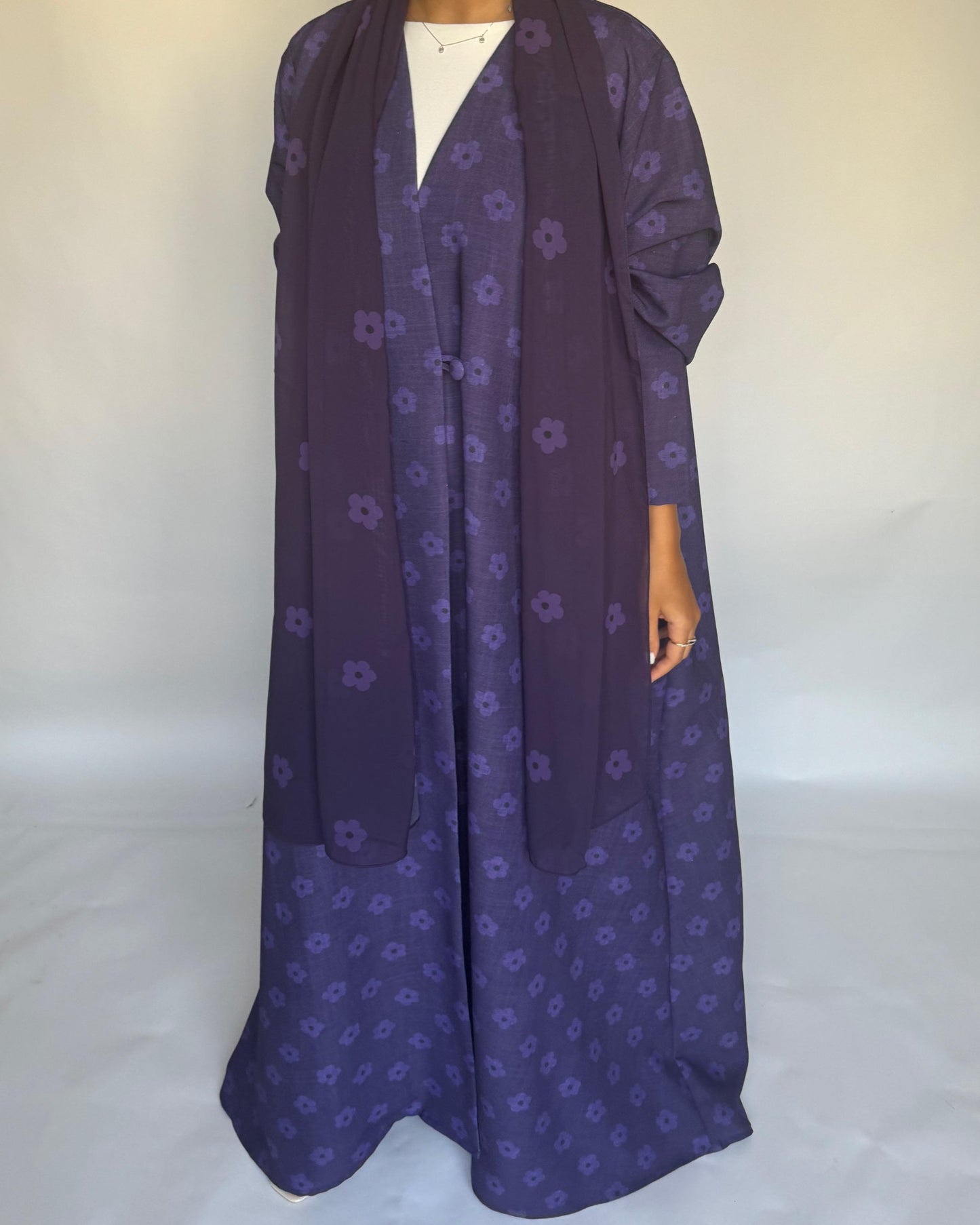 A391 - Purple Flower Linen A-Cut Summery Abaya