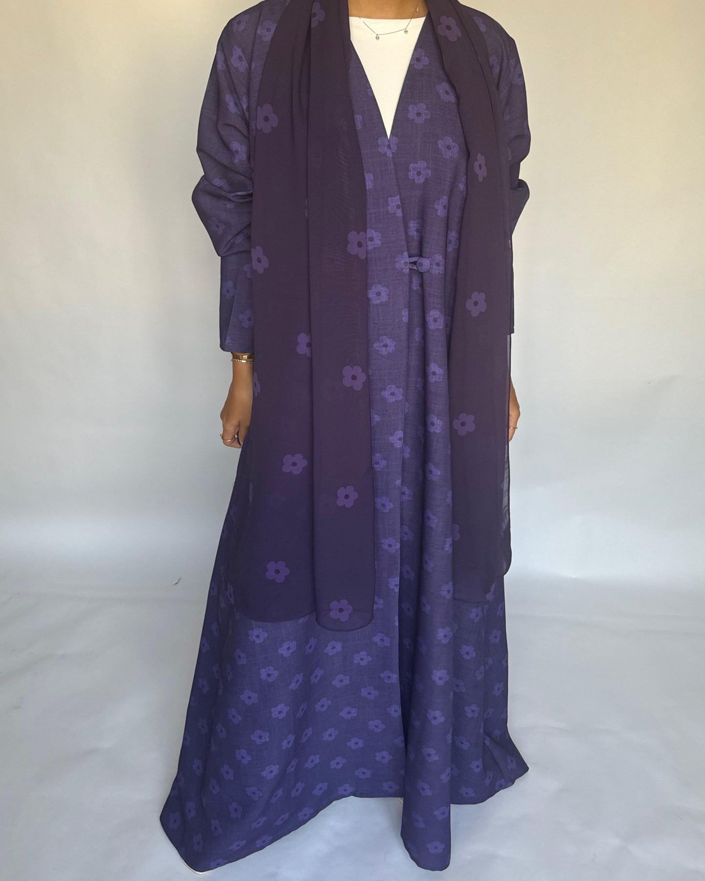 A391 - Purple Flower Linen A-Cut Summery Abaya