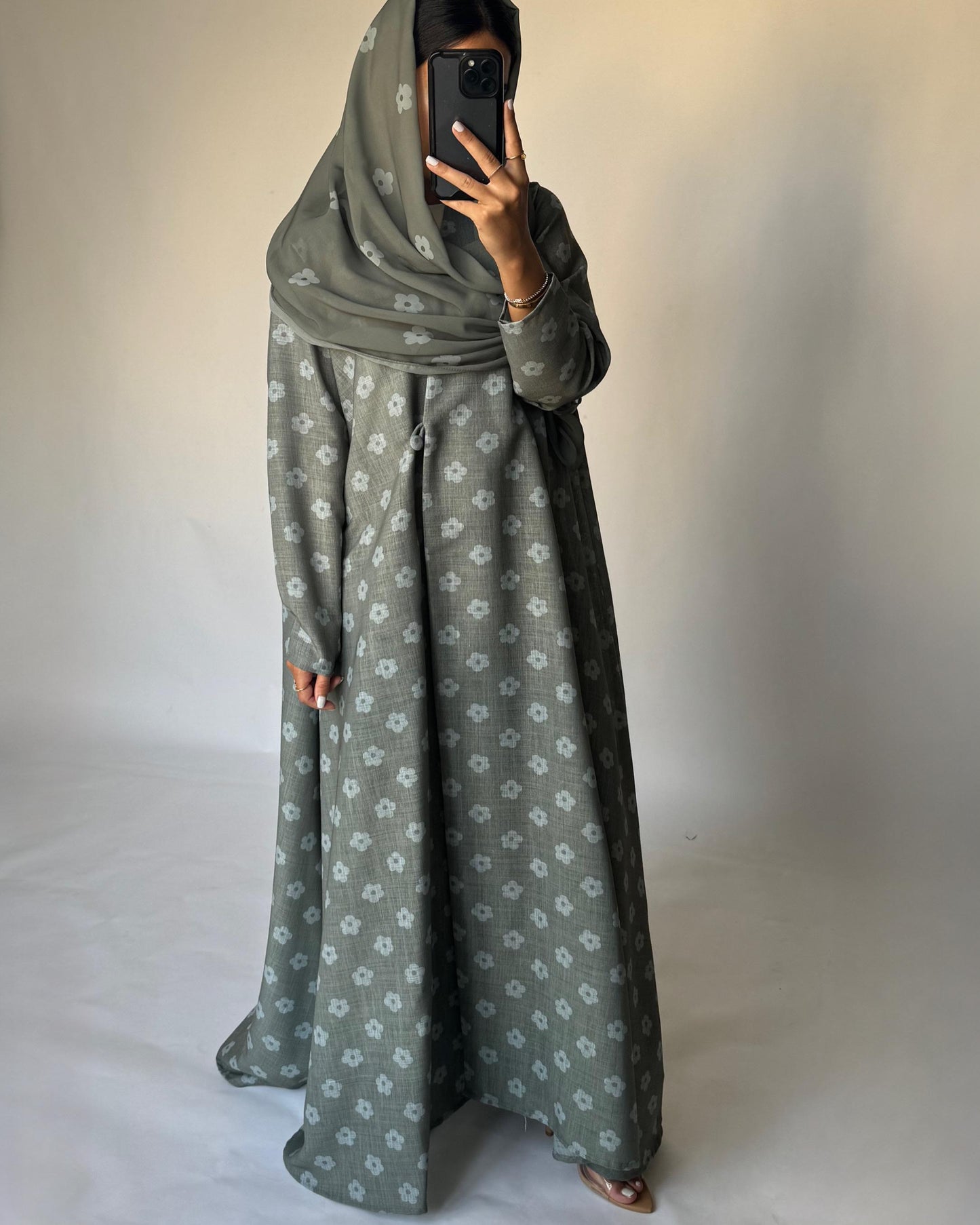 A392 - Green Flower Linen A-Cut Summery Abaya