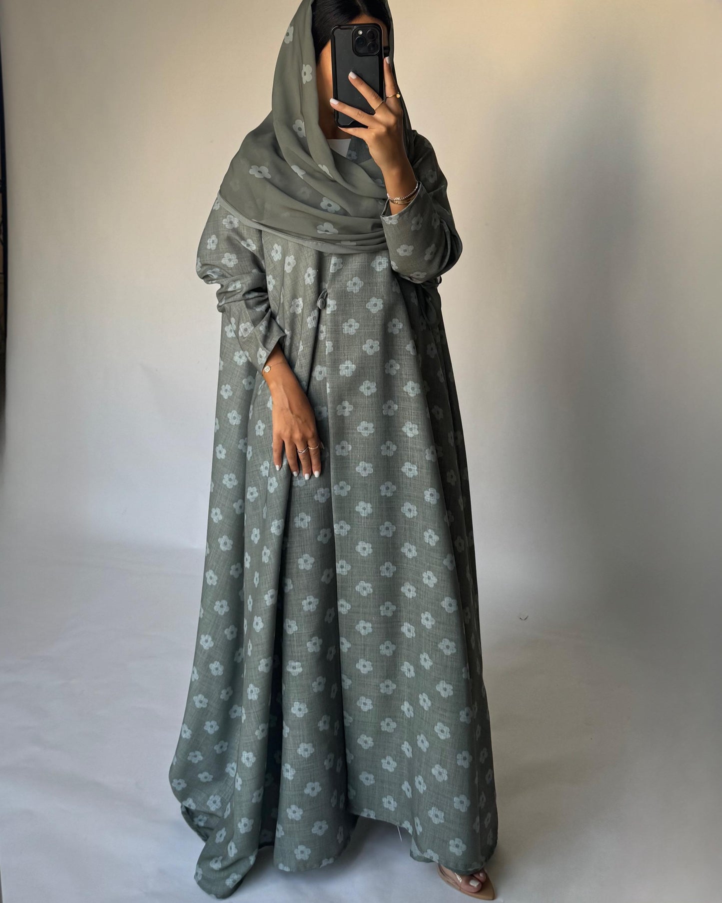 A392 - Green Flower Linen A-Cut Summery Abaya
