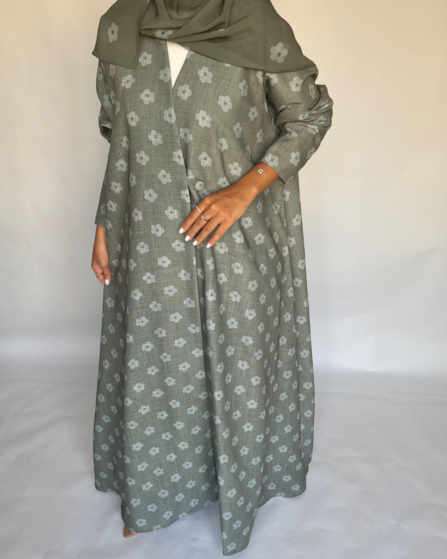 A392 - Green Flower Linen A-Cut Summery Abaya
