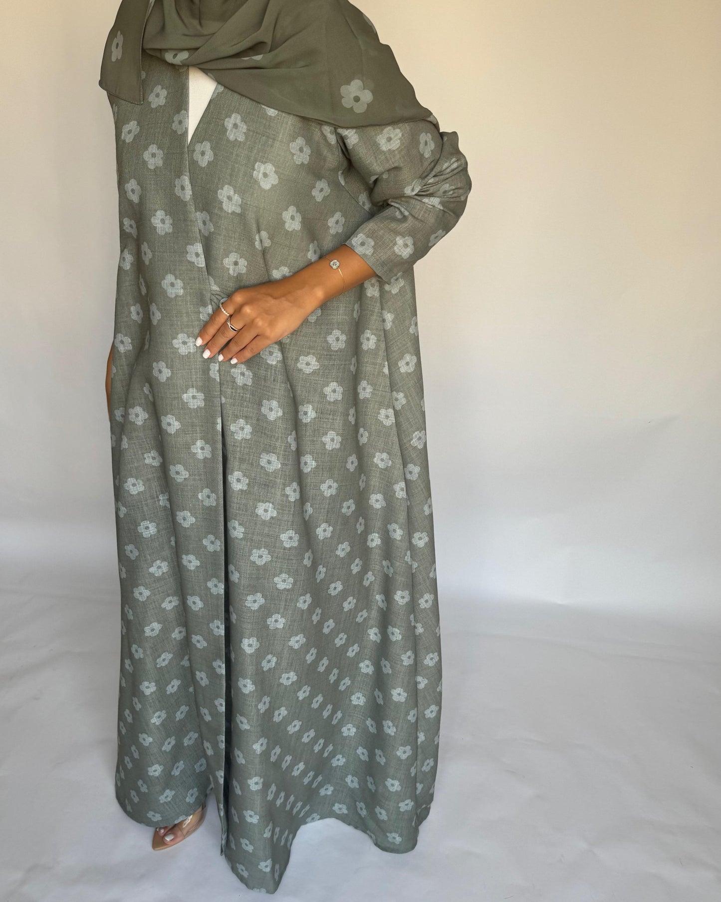 A392 - Green Flower Linen A-Cut Summery Abaya