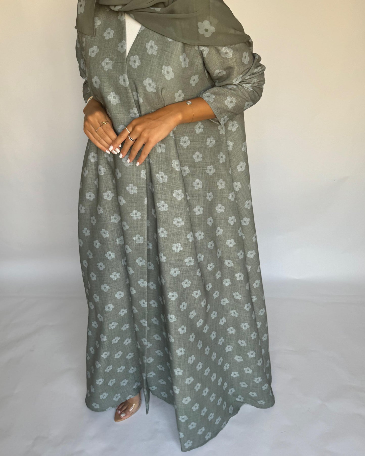A392 - Green Flower Linen A-Cut Summery Abaya