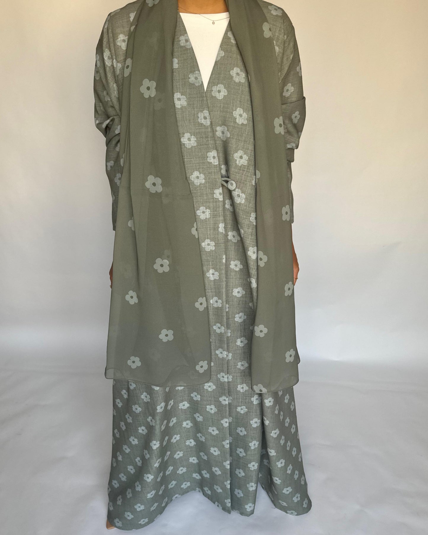 A392 - Green Flower Linen A-Cut Summery Abaya