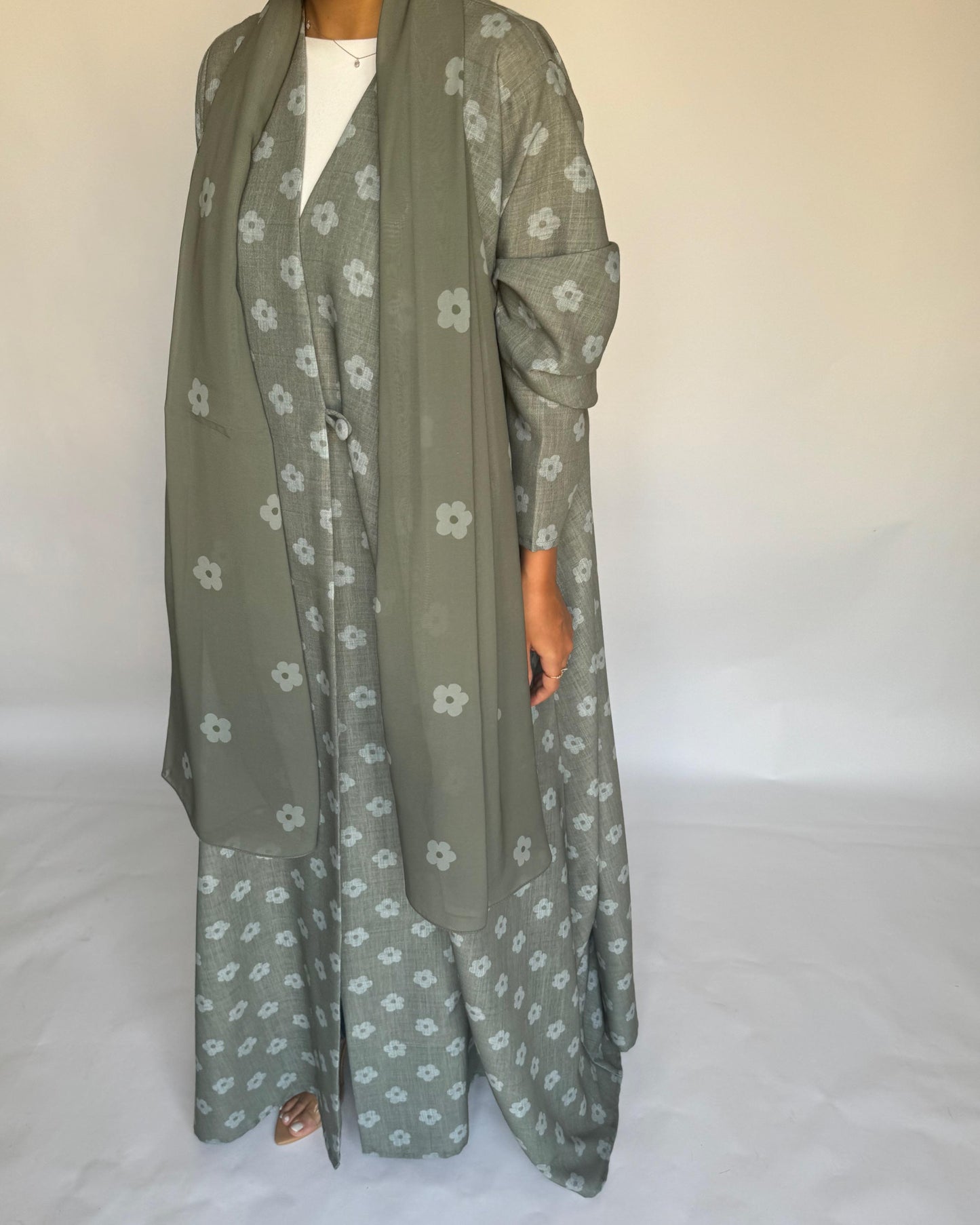 A392 - Green Flower Linen A-Cut Summery Abaya