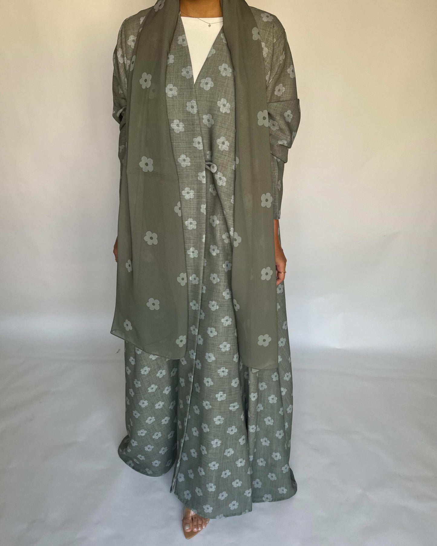 A392 - Green Flower Linen A-Cut Summery Abaya
