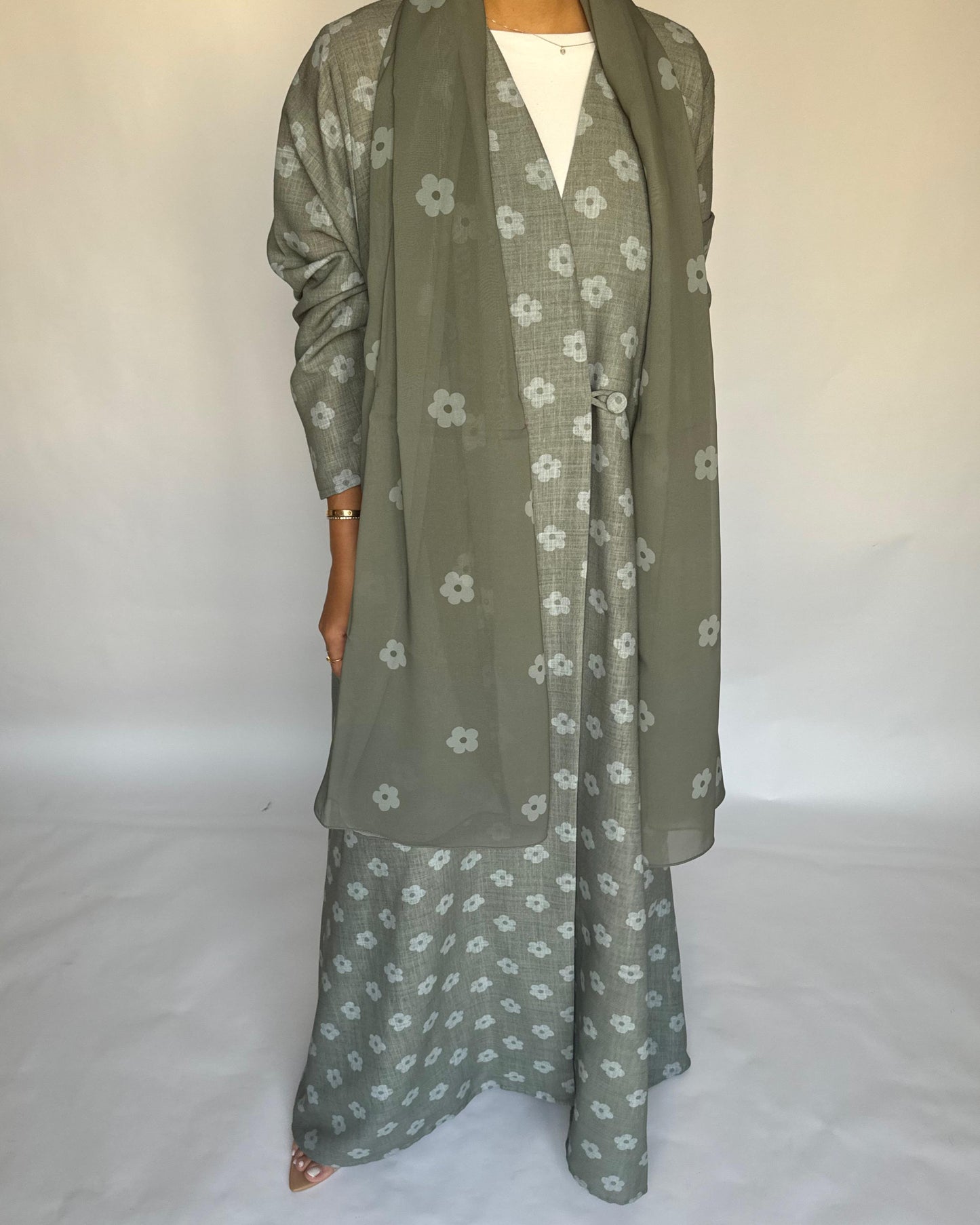 A392 - Green Flower Linen A-Cut Summery Abaya