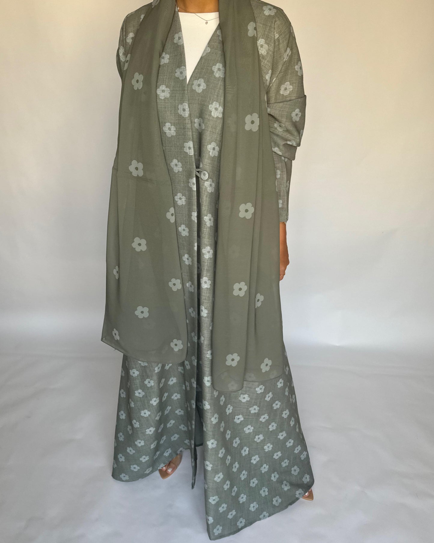 A392 - Green Flower Linen A-Cut Summery Abaya