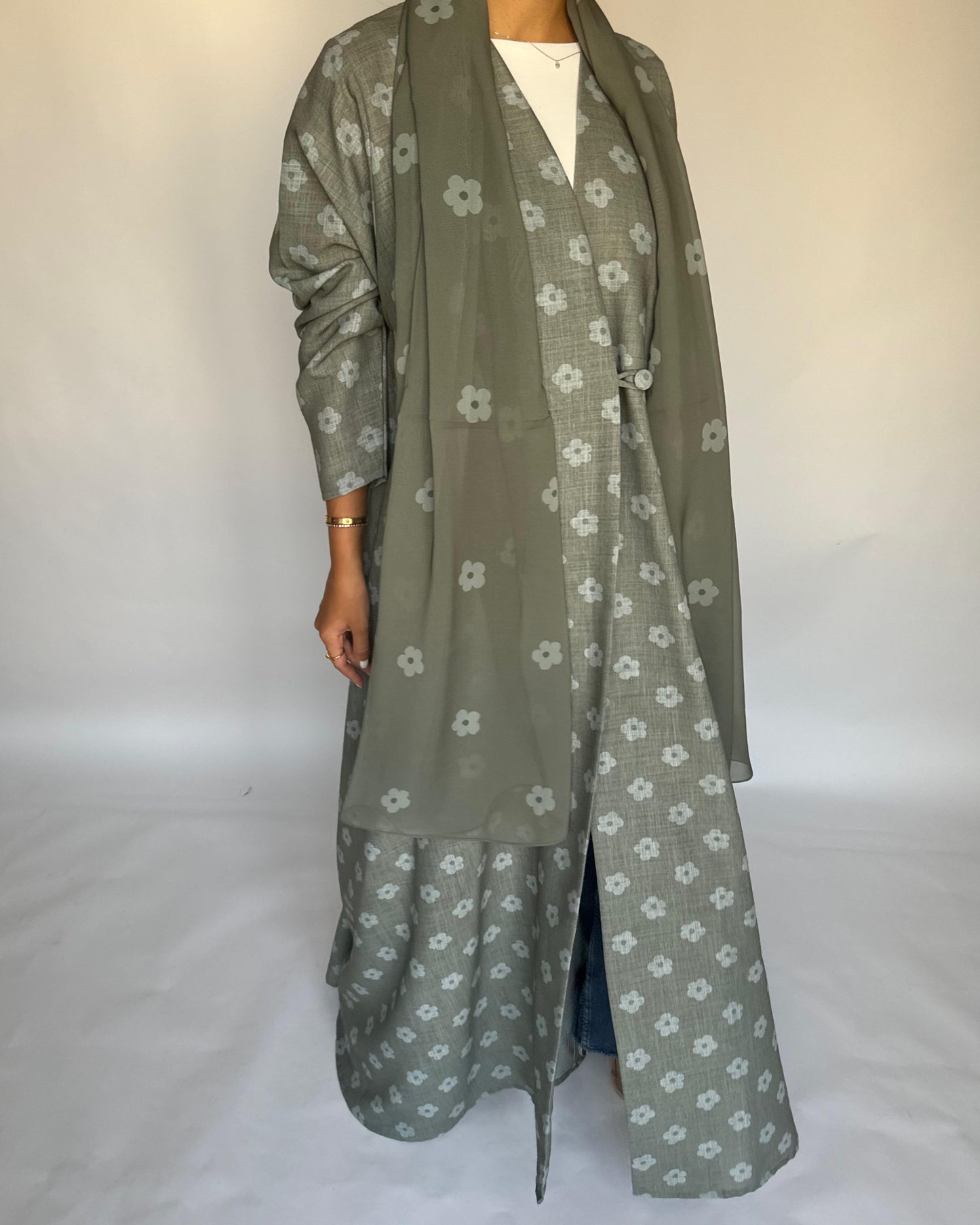 A392 - Green Flower Linen A-Cut Summery Abaya