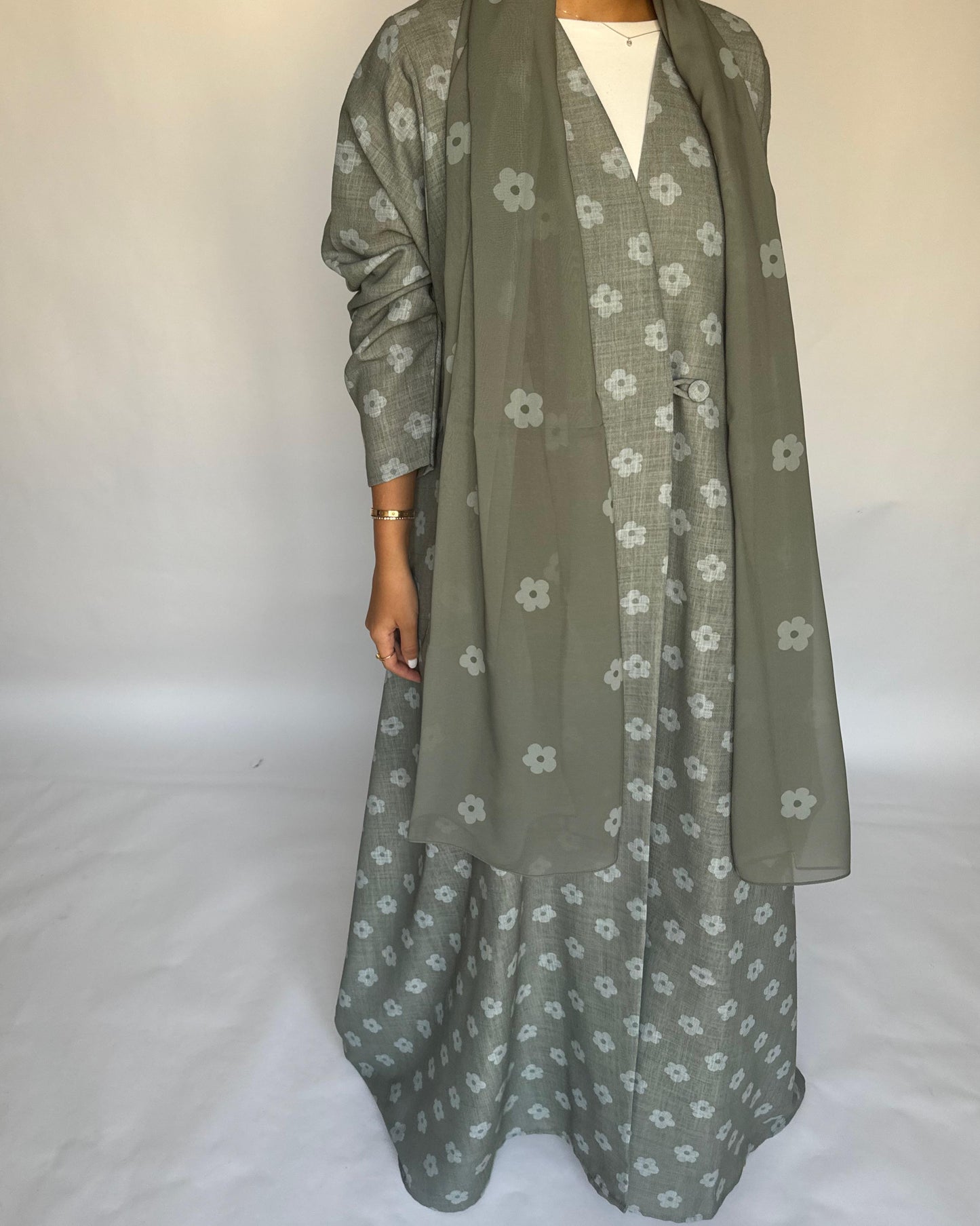 A392 - Green Flower Linen A-Cut Summery Abaya
