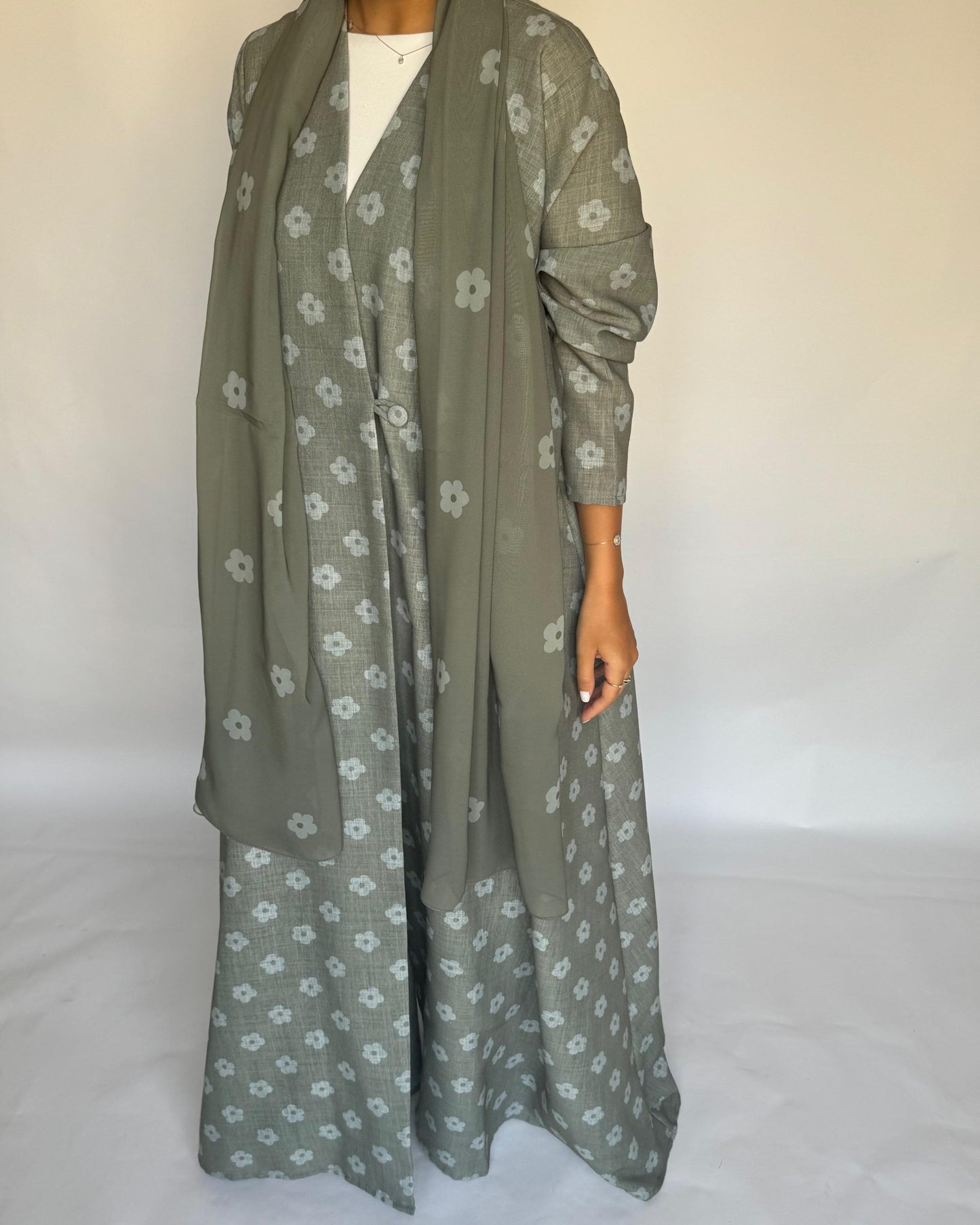 A392 - Green Flower Linen A-Cut Summery Abaya