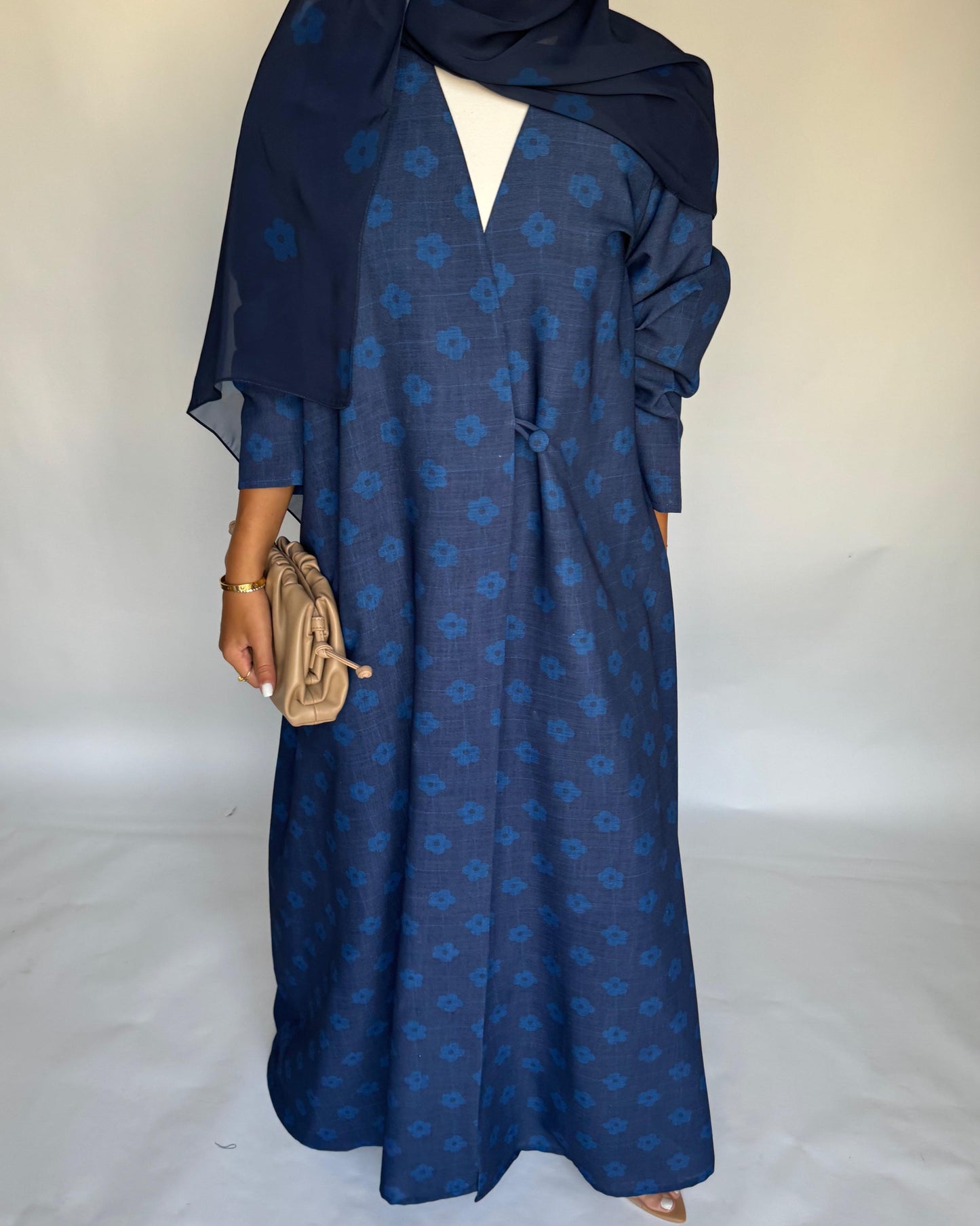 A393 - Blue Flower Linen A-Cut Summery Abaya