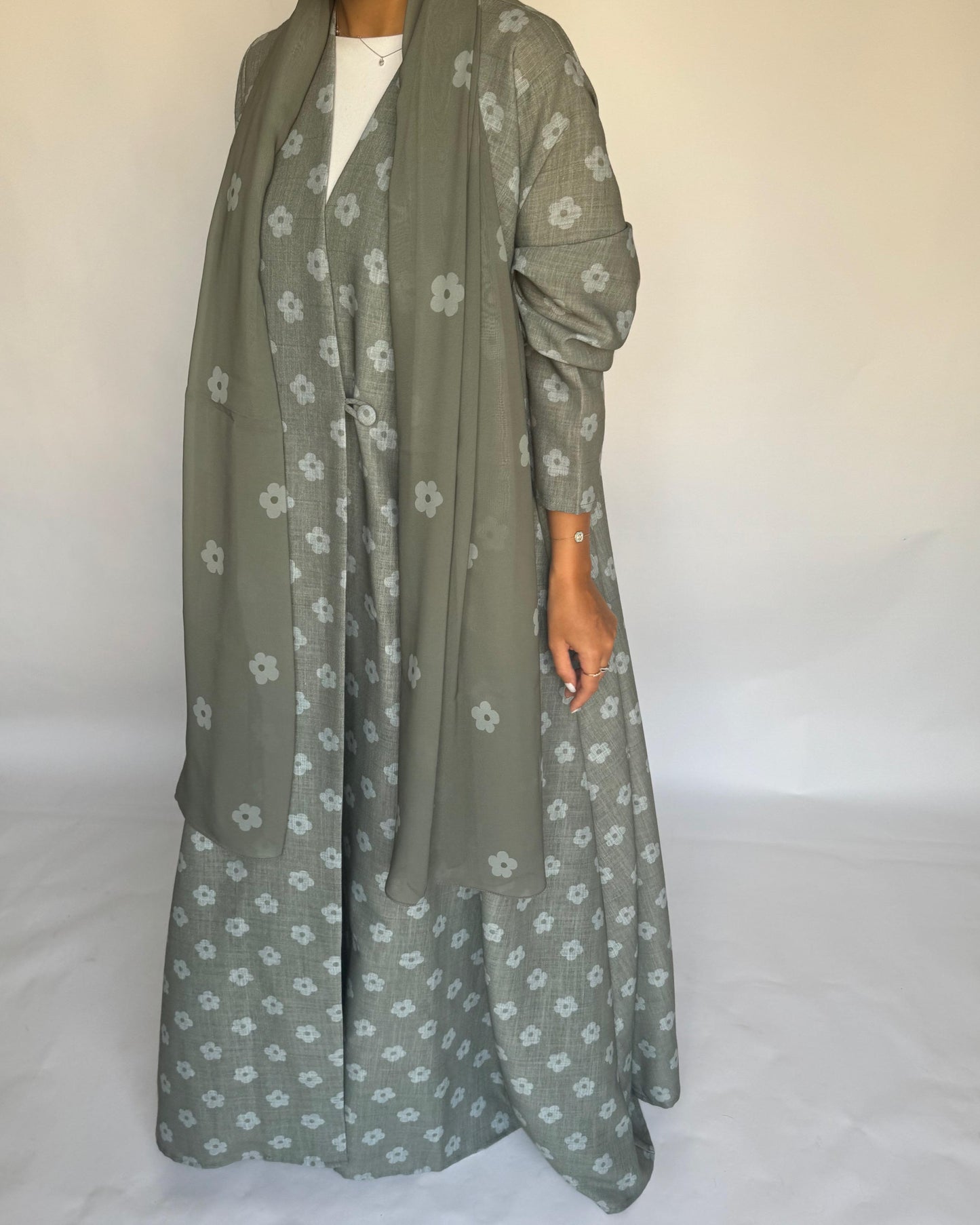 A392 - Green Flower Linen A-Cut Summery Abaya