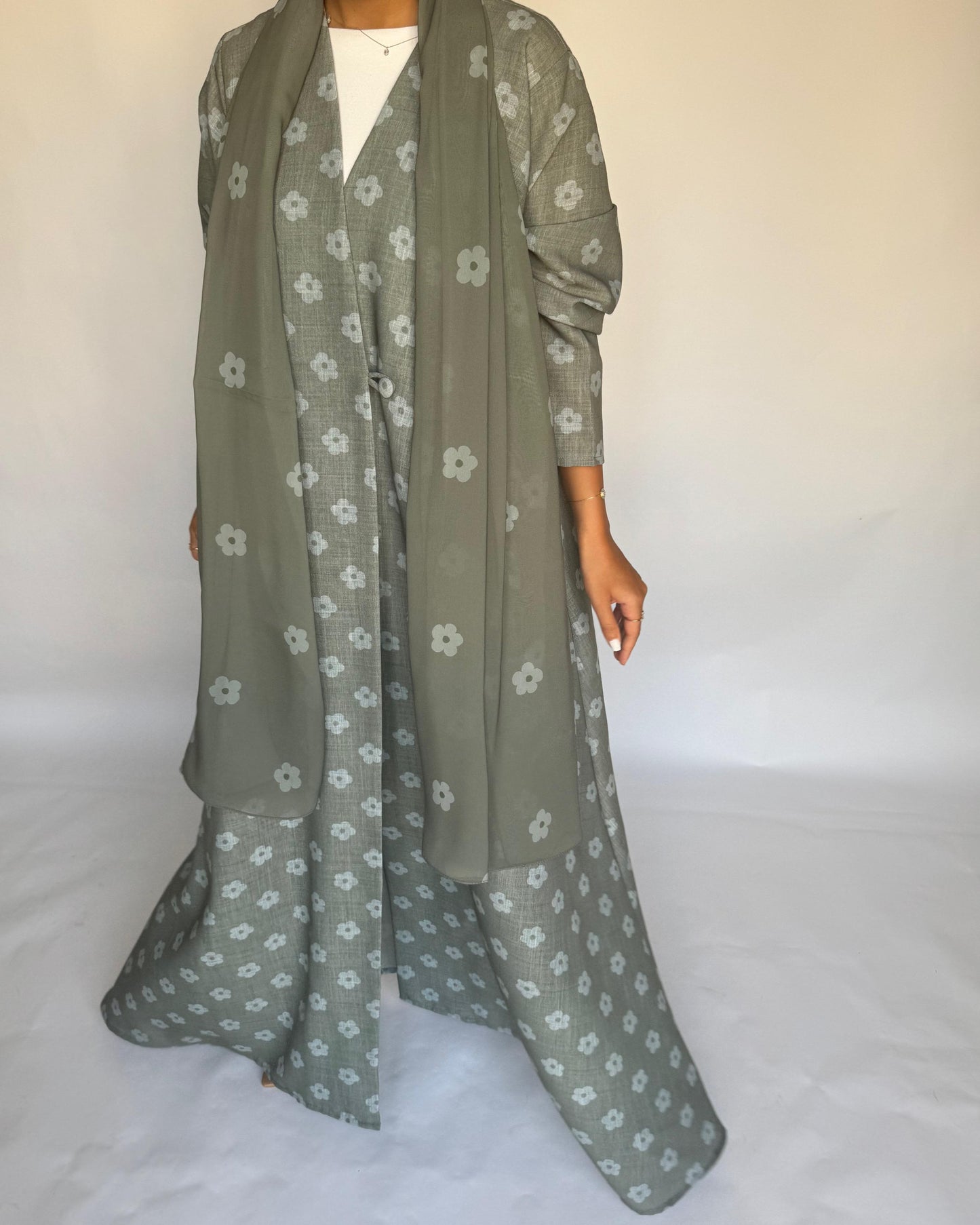A392 - Green Flower Linen A-Cut Summery Abaya