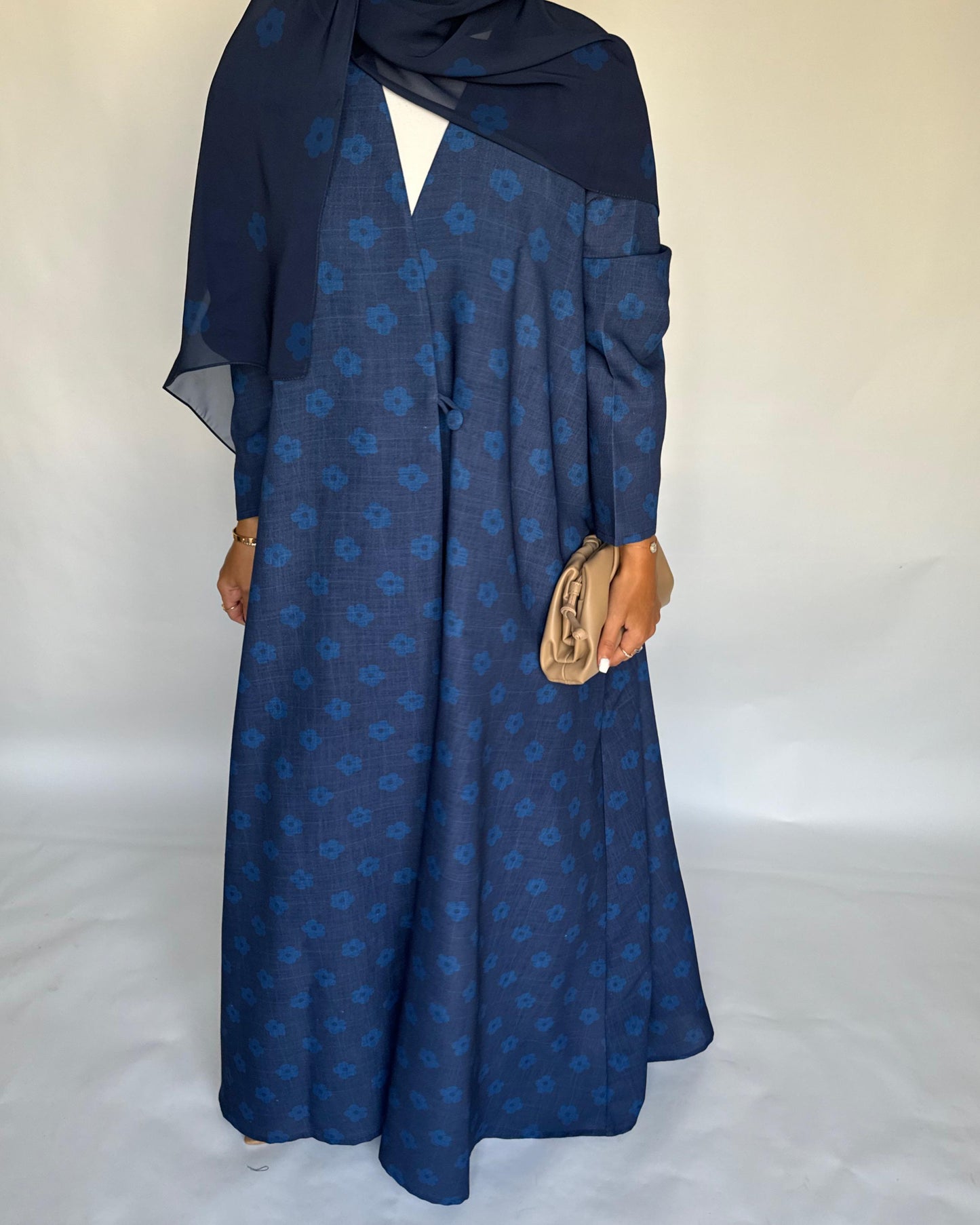 A393 - Blue Flower Linen A-Cut Summery Abaya
