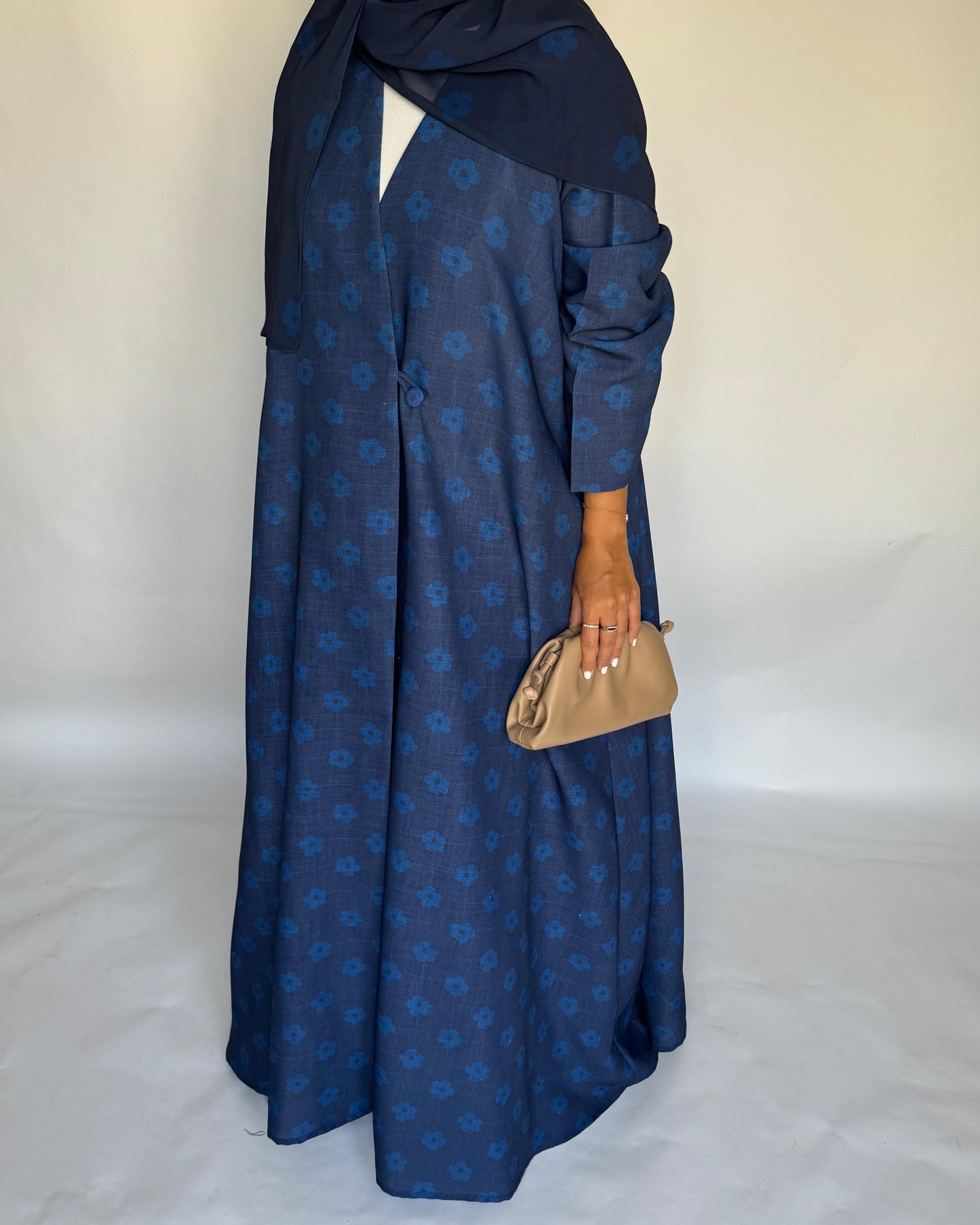 A393 - Blue Flower Linen A-Cut Summery Abaya