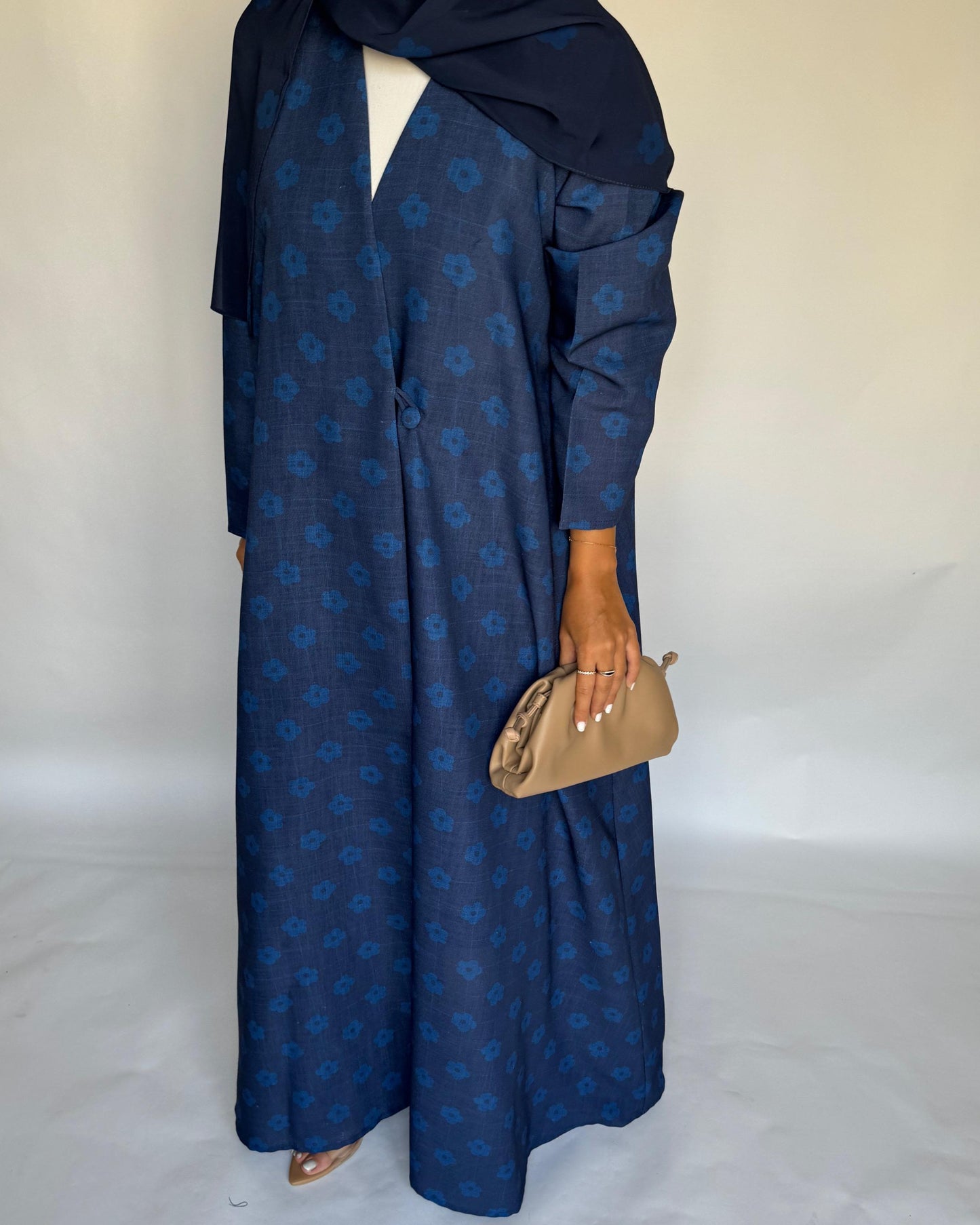 A393 - Blue Flower Linen A-Cut Summery Abaya