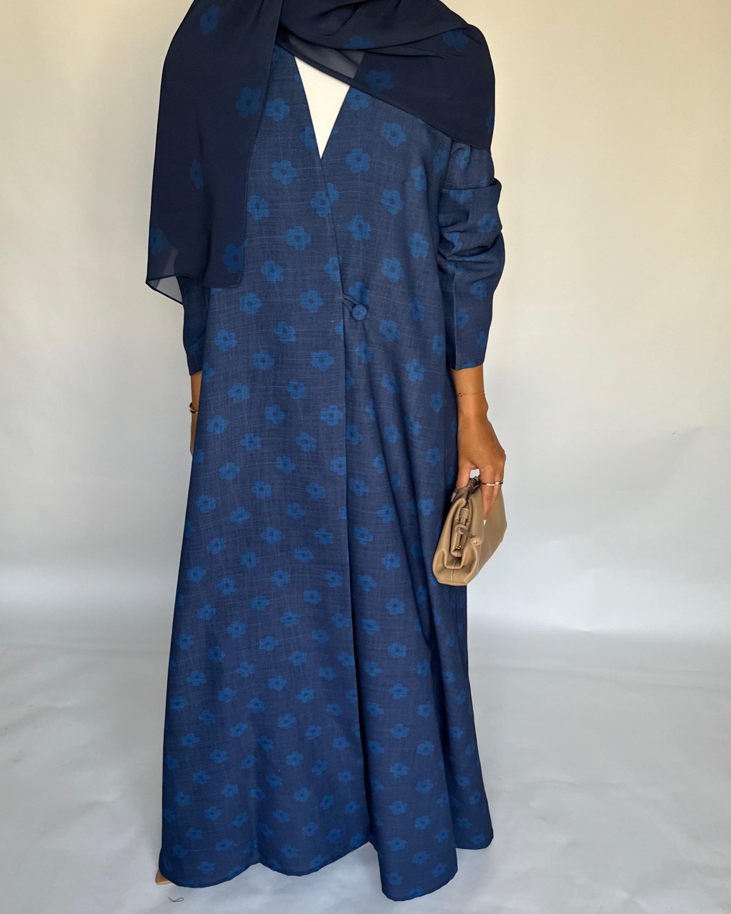 A393 - Blue Flower Linen A-Cut Summery Abaya