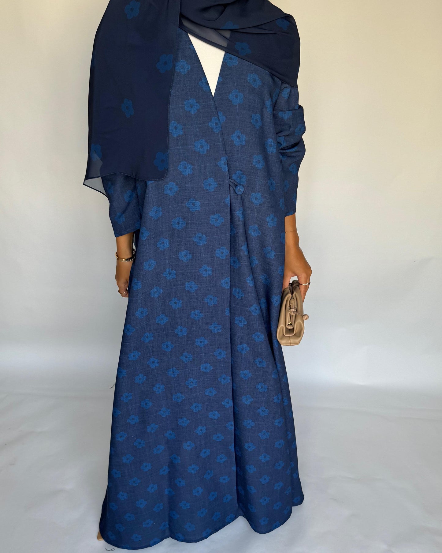 A393 - Blue Flower Linen A-Cut Summery Abaya