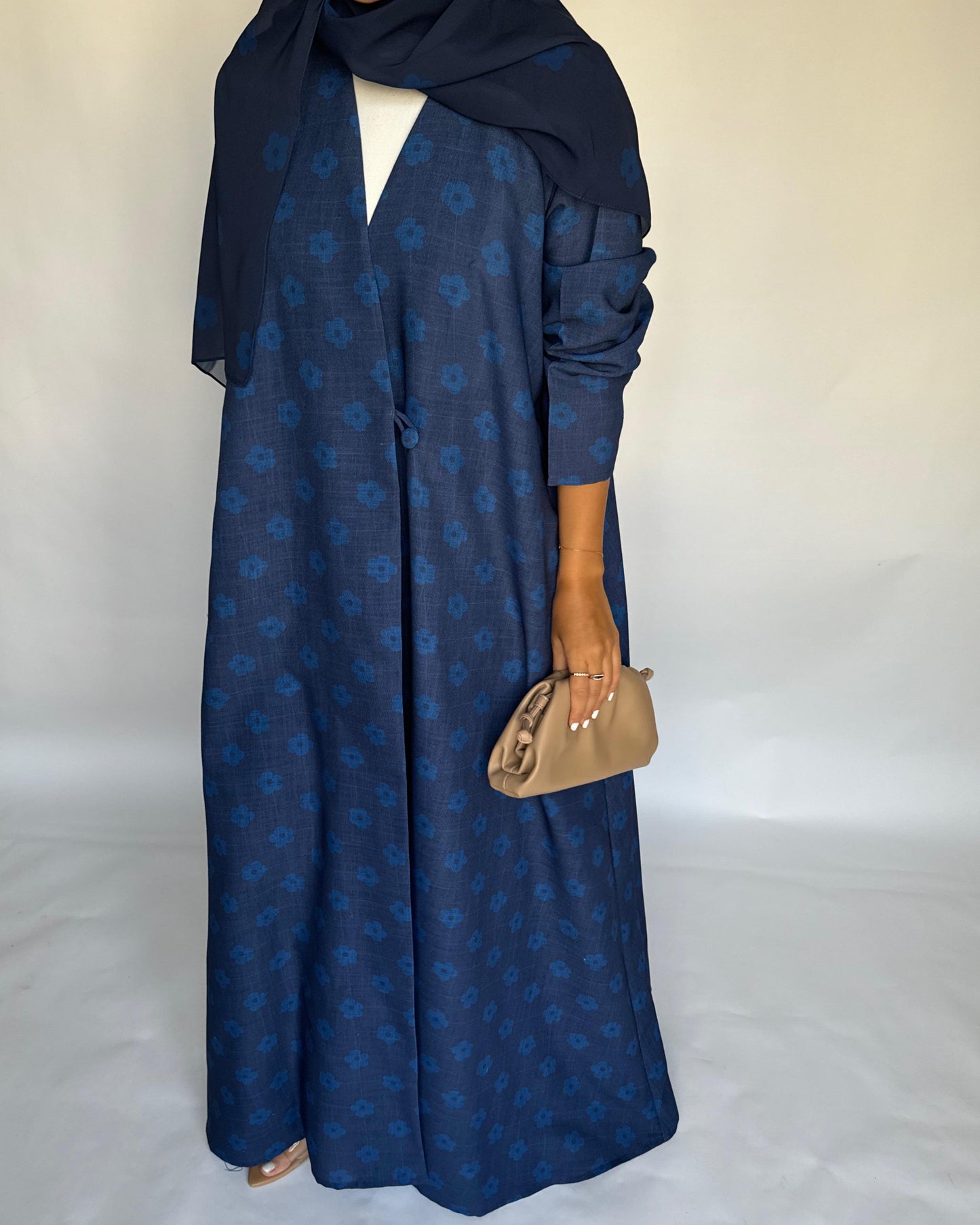A393 - Blue Flower Linen A-Cut Summery Abaya