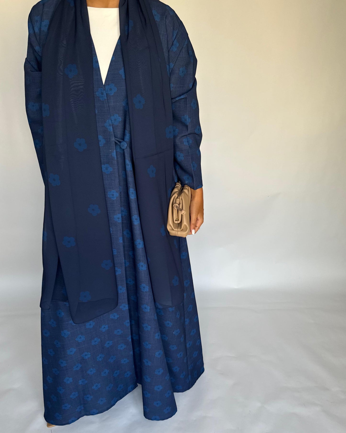 A393 - Blue Flower Linen A-Cut Summery Abaya