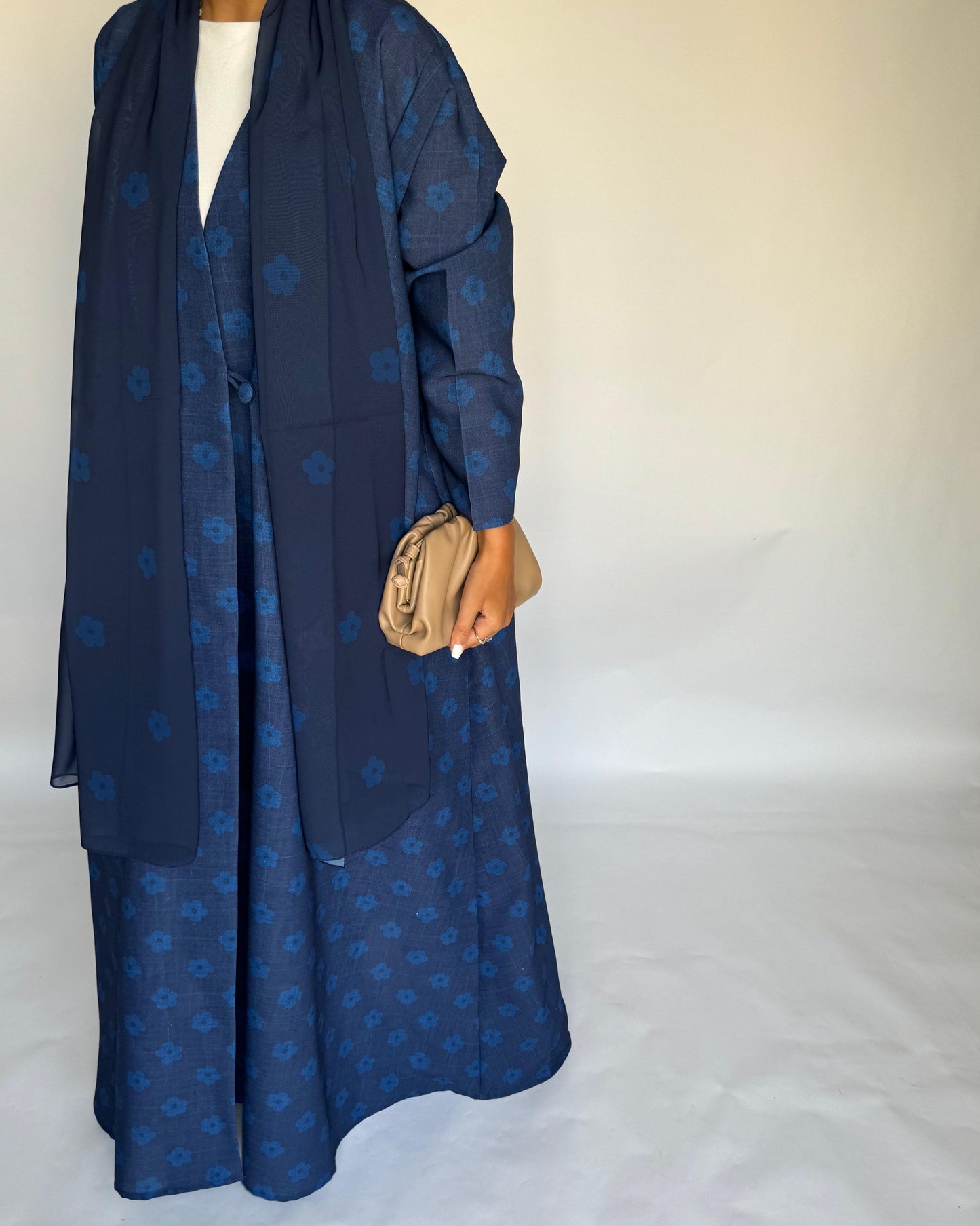 A393 - Blue Flower Linen A-Cut Summery Abaya