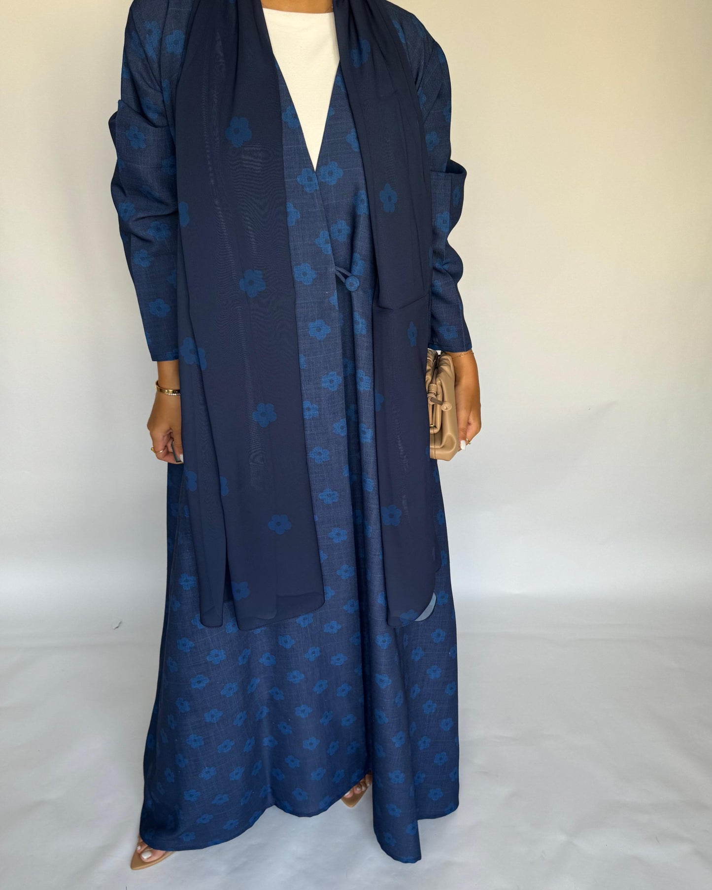 A393 - Blue Flower Linen A-Cut Summery Abaya