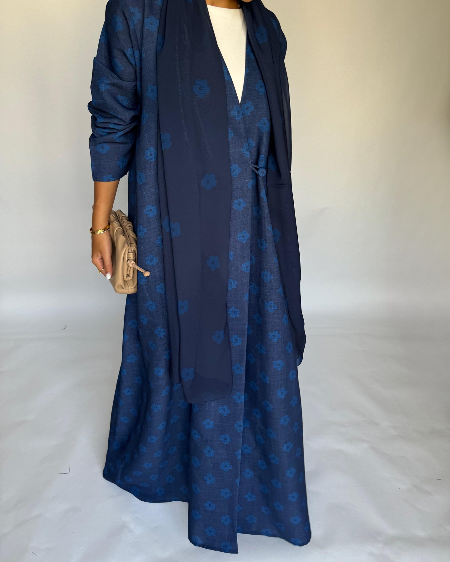 A393 - Blue Flower Linen A-Cut Summery Abaya