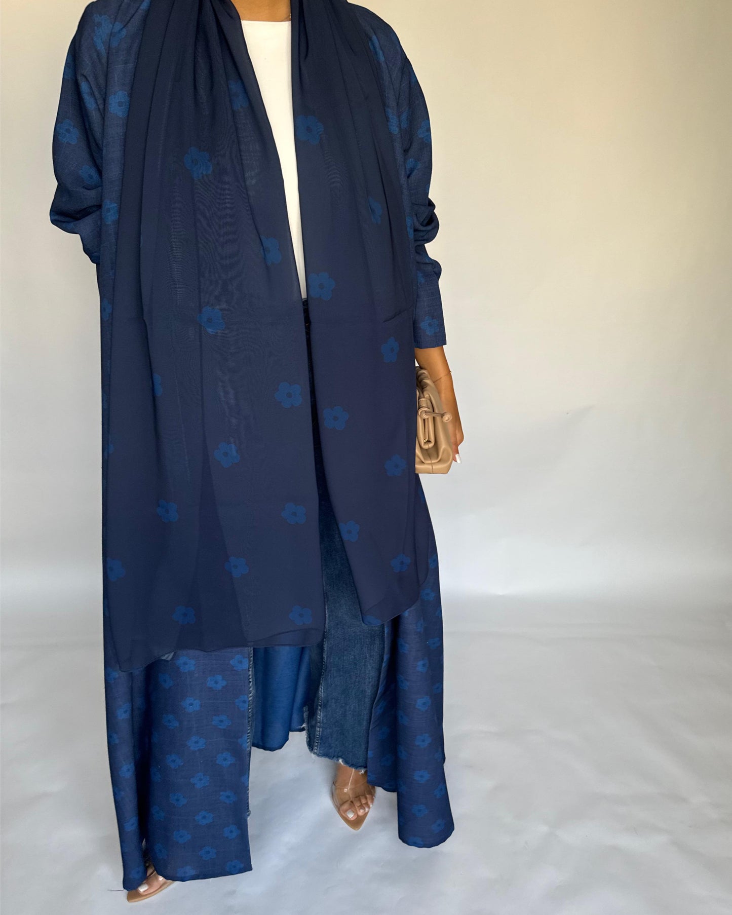 A393 - Blue Flower Linen A-Cut Summery Abaya