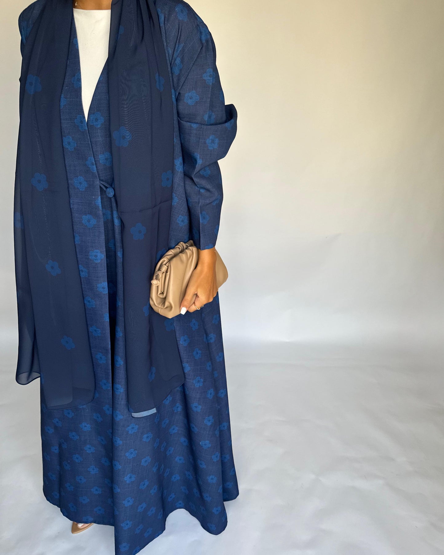 A393 - Blue Flower Linen A-Cut Summery Abaya