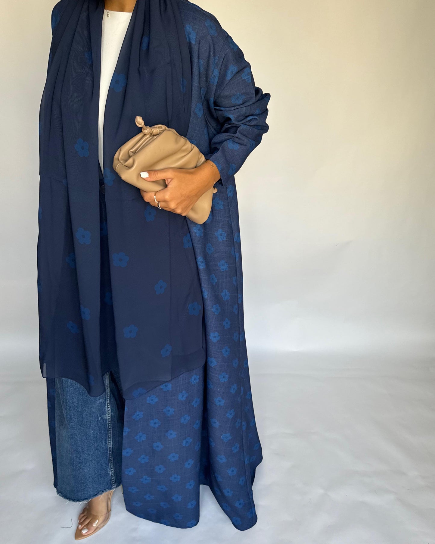 A393 - Blue Flower Linen A-Cut Summery Abaya