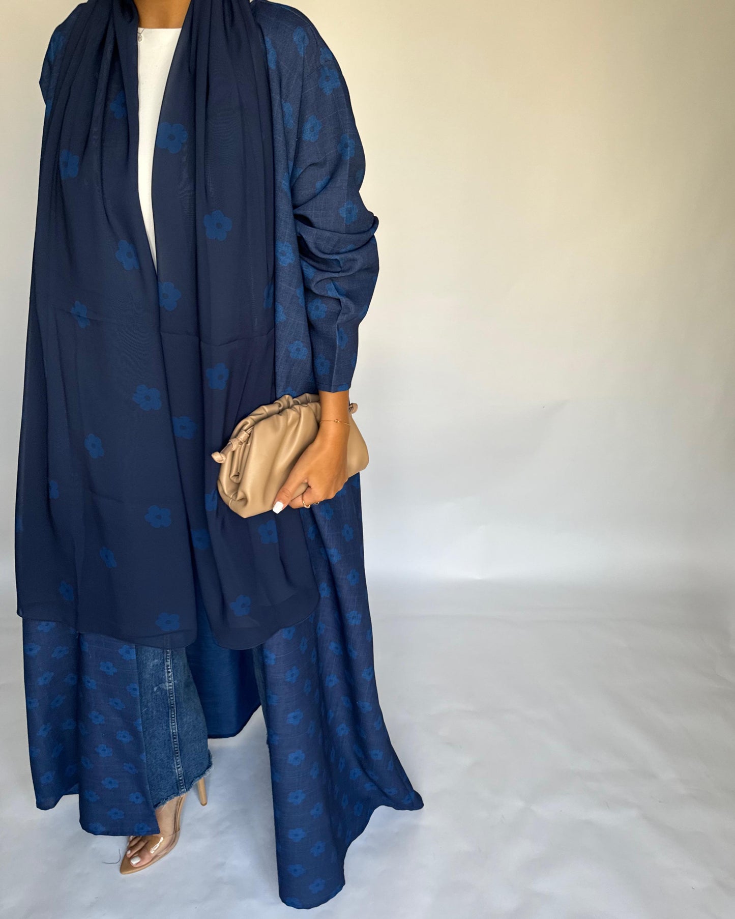 A393 - Blue Flower Linen A-Cut Summery Abaya