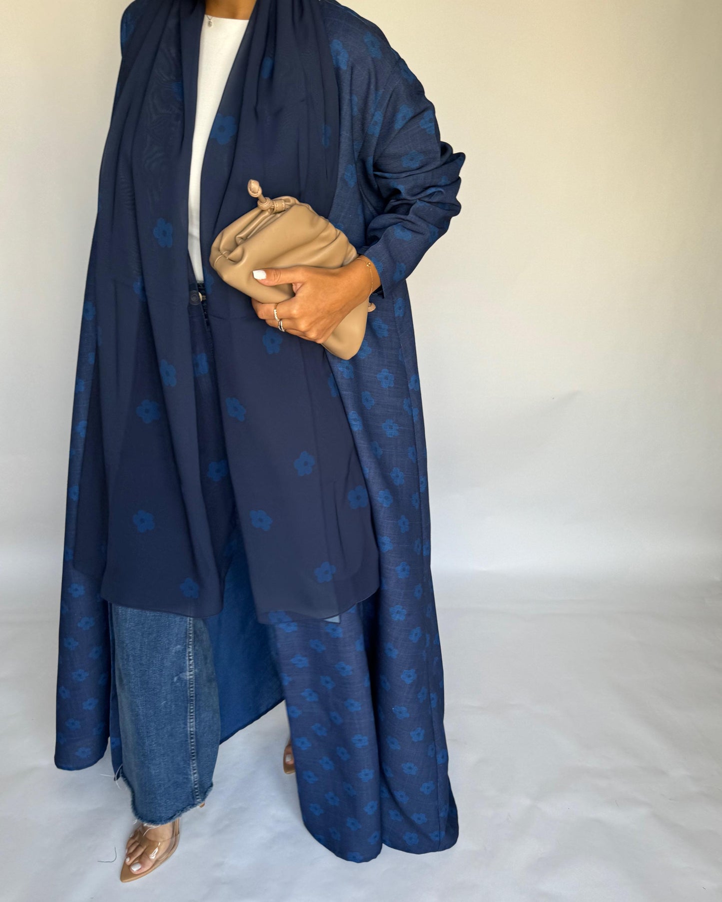 A393 - Blue Flower Linen A-Cut Summery Abaya