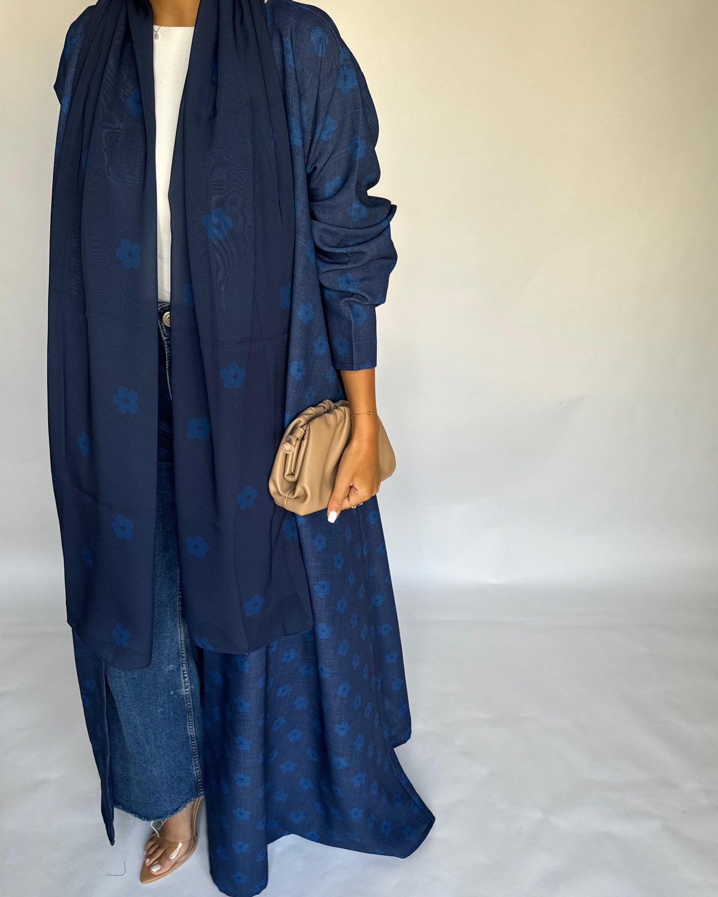 A393 - Blue Flower Linen A-Cut Summery Abaya