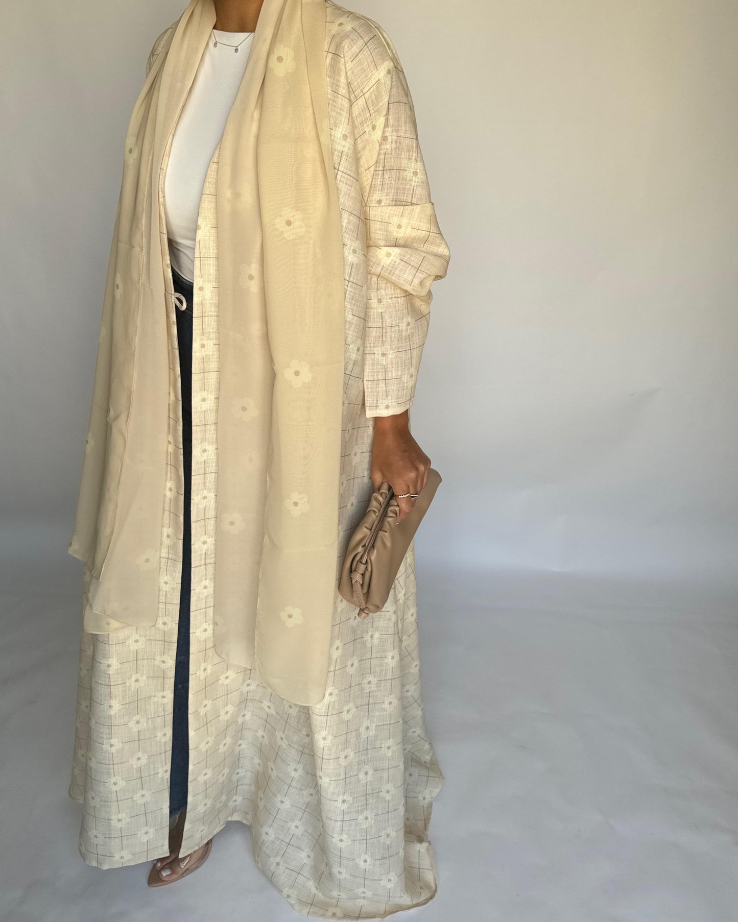 A390 - Butter Yellow Flower Linen A-Cut Summery Abaya