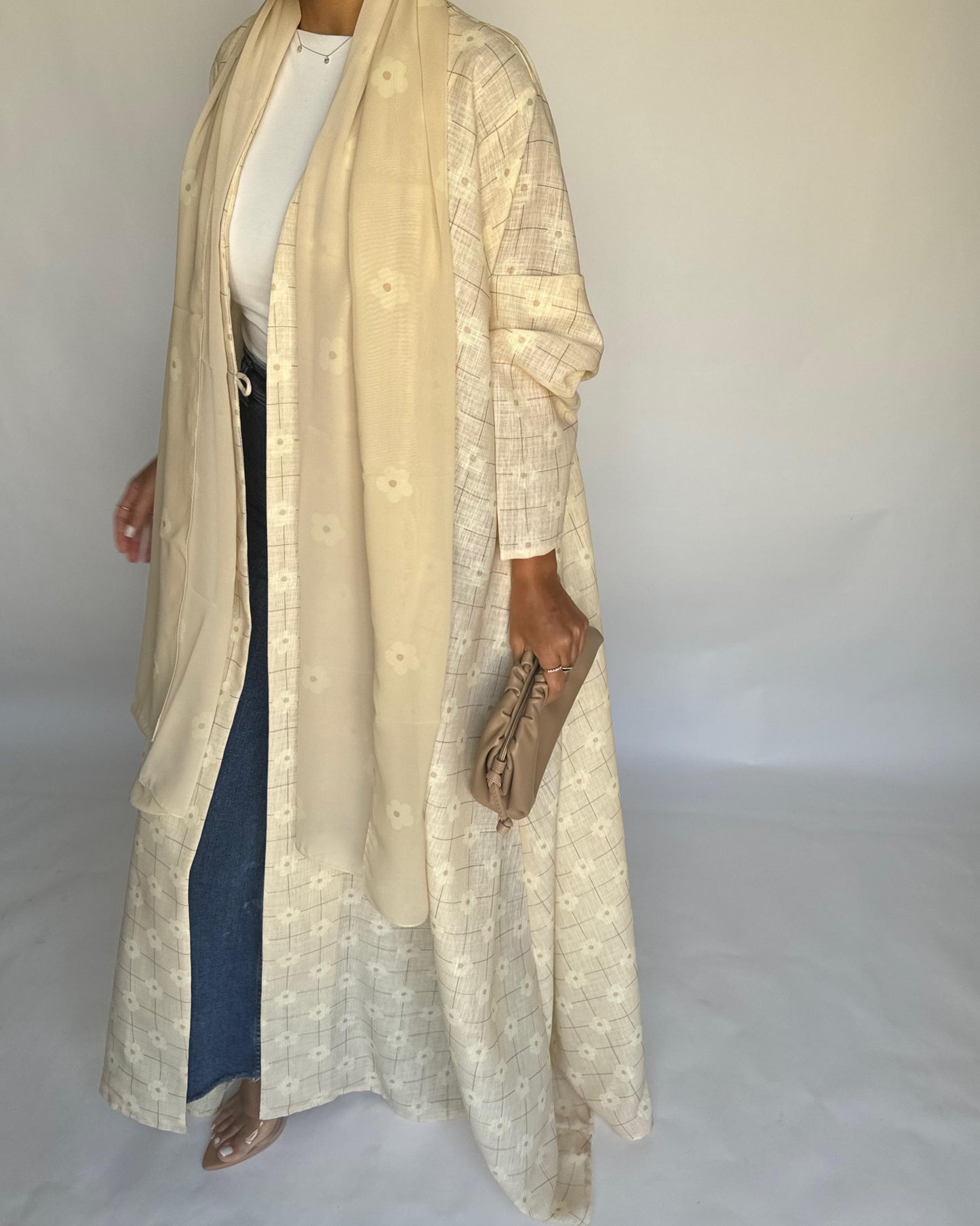 A390 - Butter Yellow Flower Linen A-Cut Summery Abaya