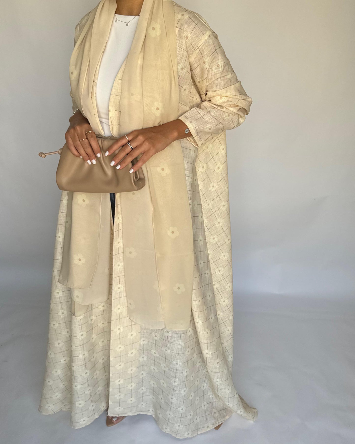 A390 - Butter Yellow Flower Linen A-Cut Summery Abaya